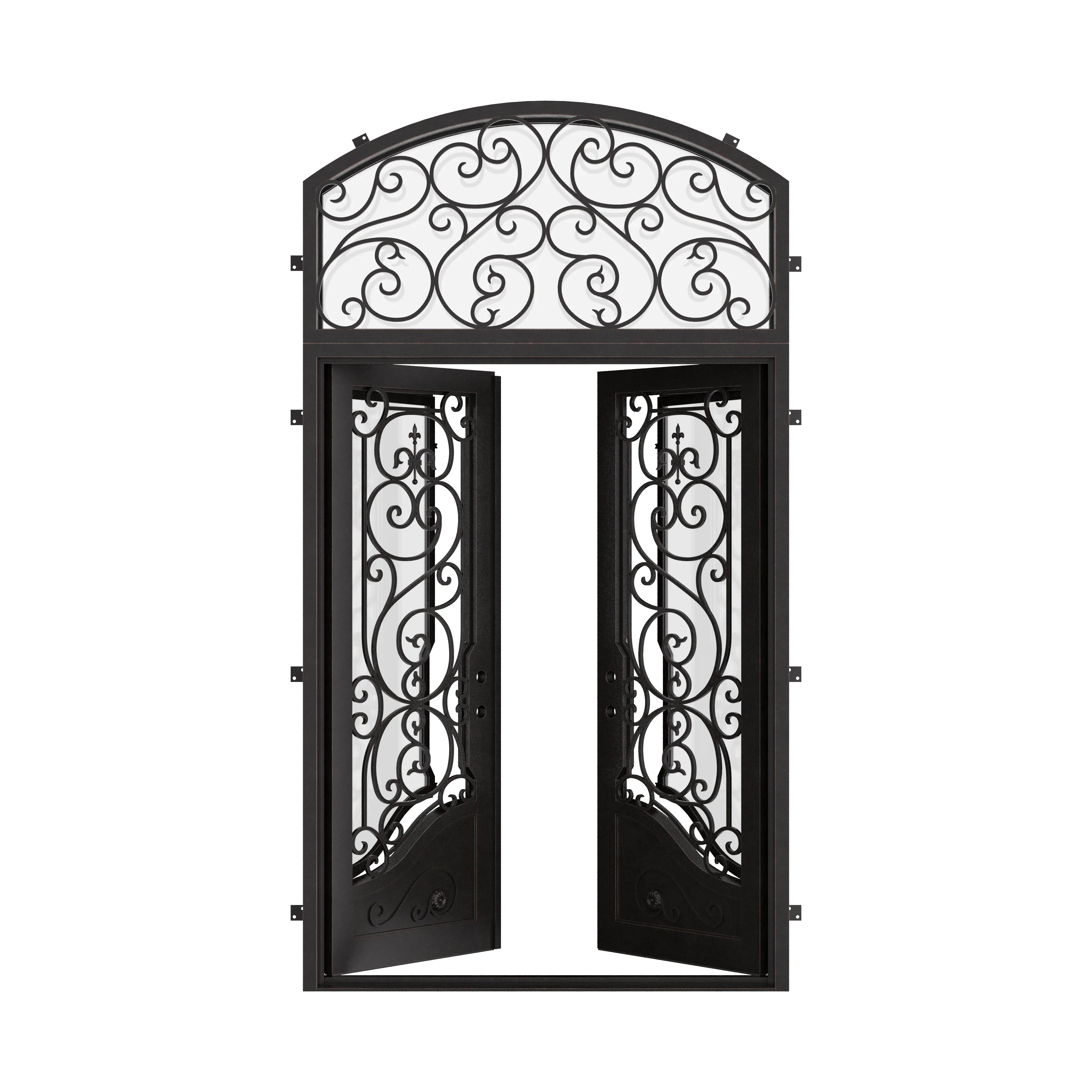 Beverly swinging iron french door with arch top transom in black.