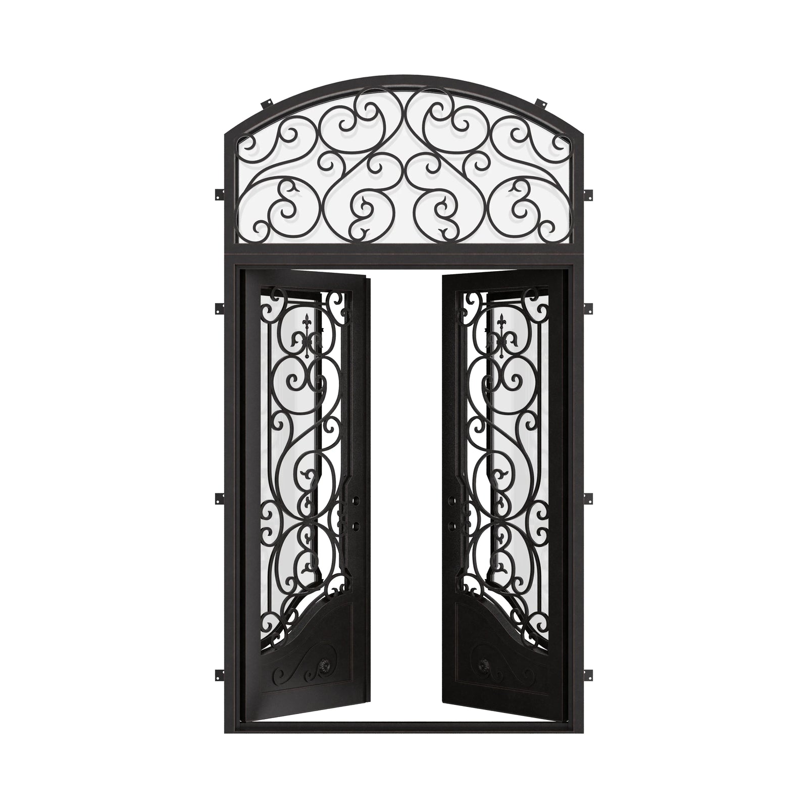 Beverly double entry door with arch top window in bronze color.
