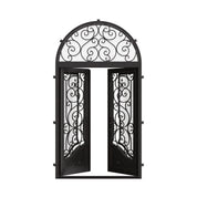 Beverly double exterior swing door with round top transom in bronze color.