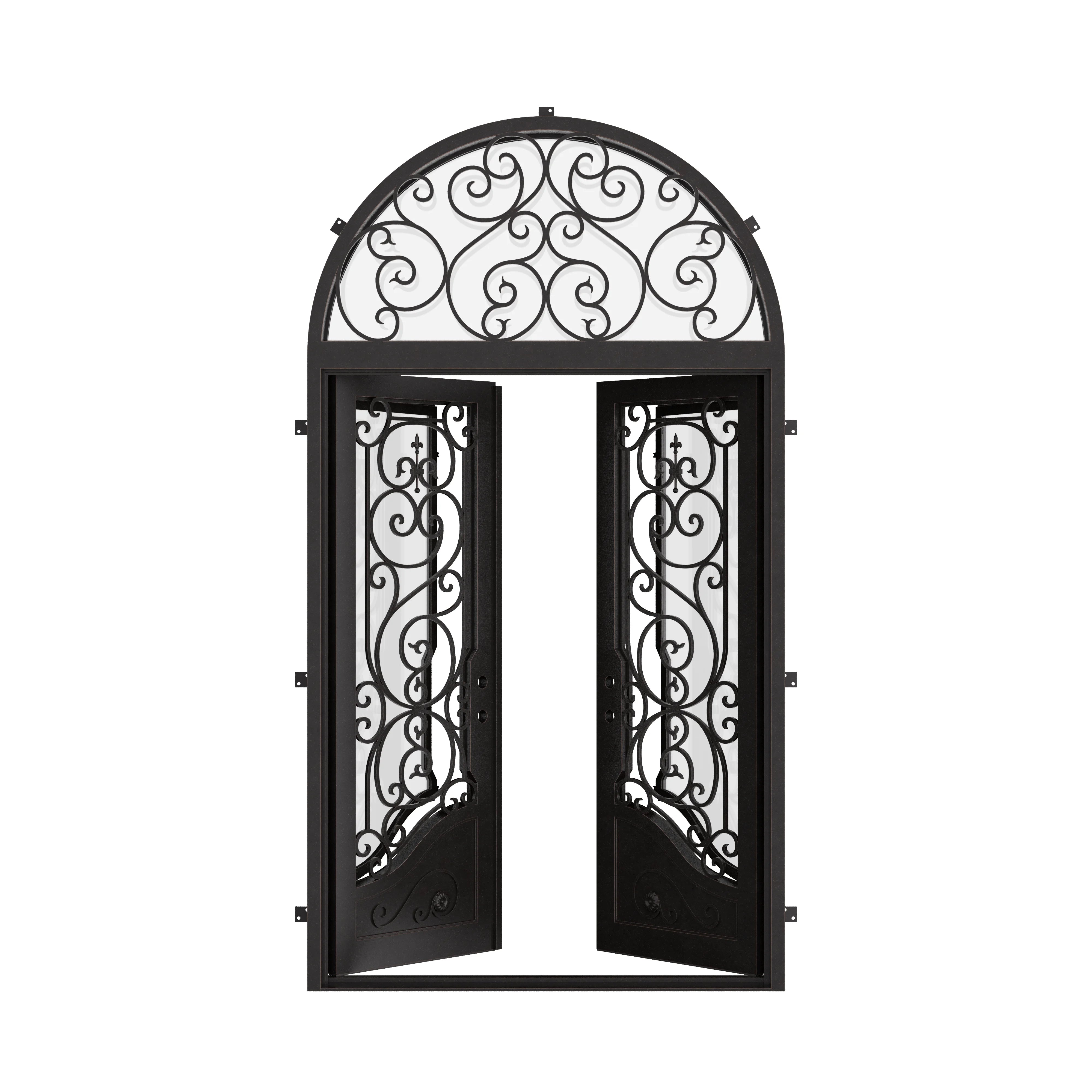 Beverly double exterior swing door with round top transom in bronze color.