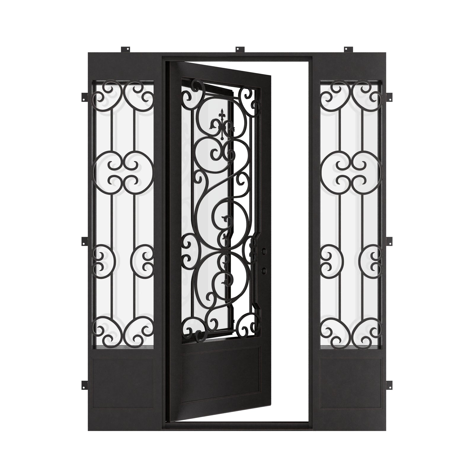 Beverly single door with side windows and intricate scrollwork in bronze color.