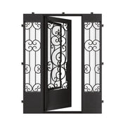 Beverly single door with side windows and intricate scrollwork in bronze color.