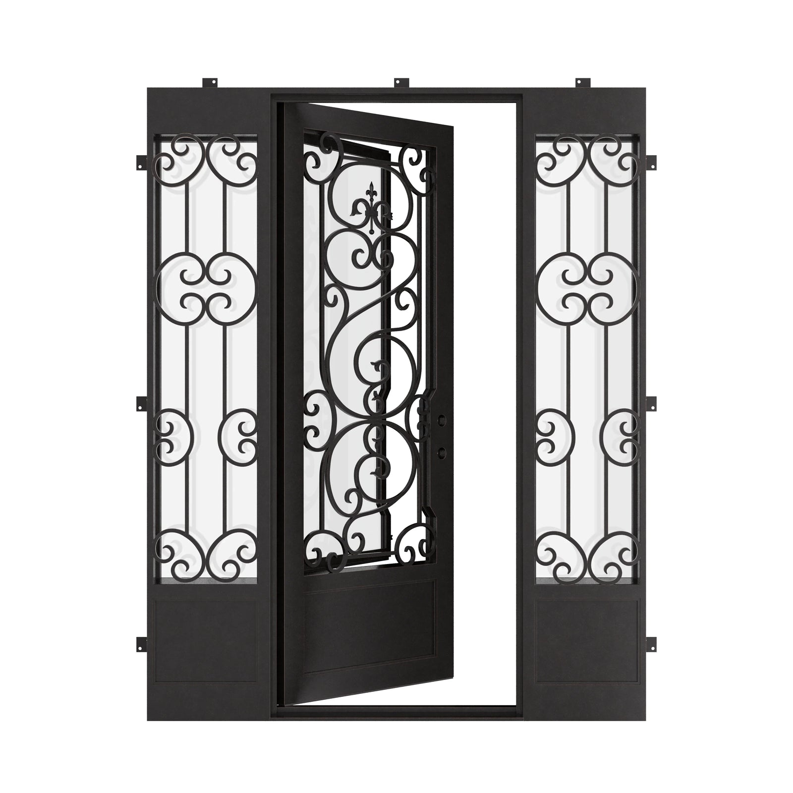 Beverly flat top door for cold weather with sidelights in black.