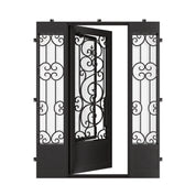 Beverly flat top door for cold weather with sidelights in black.