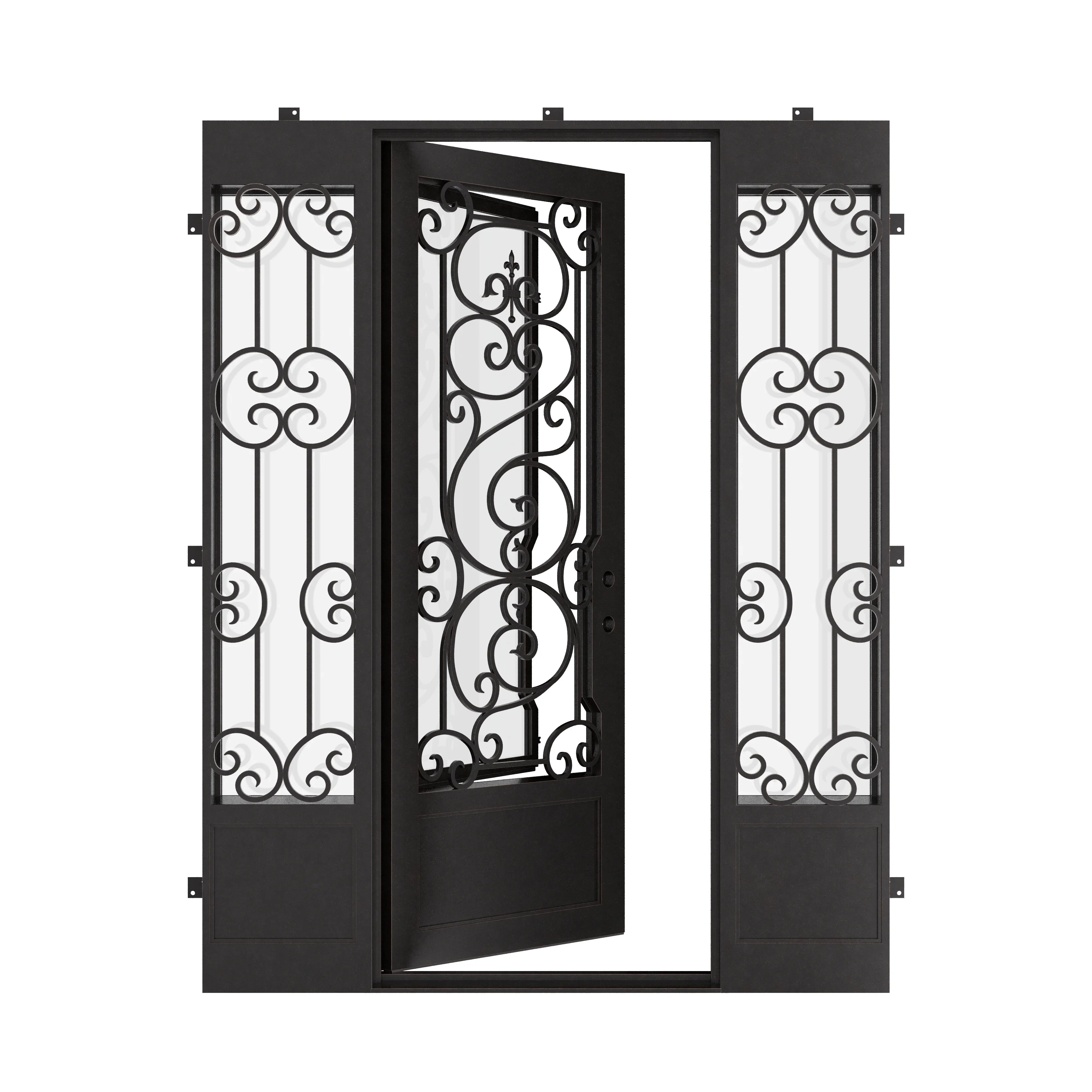 Beverly flat top door for cold weather with sidelights in black.