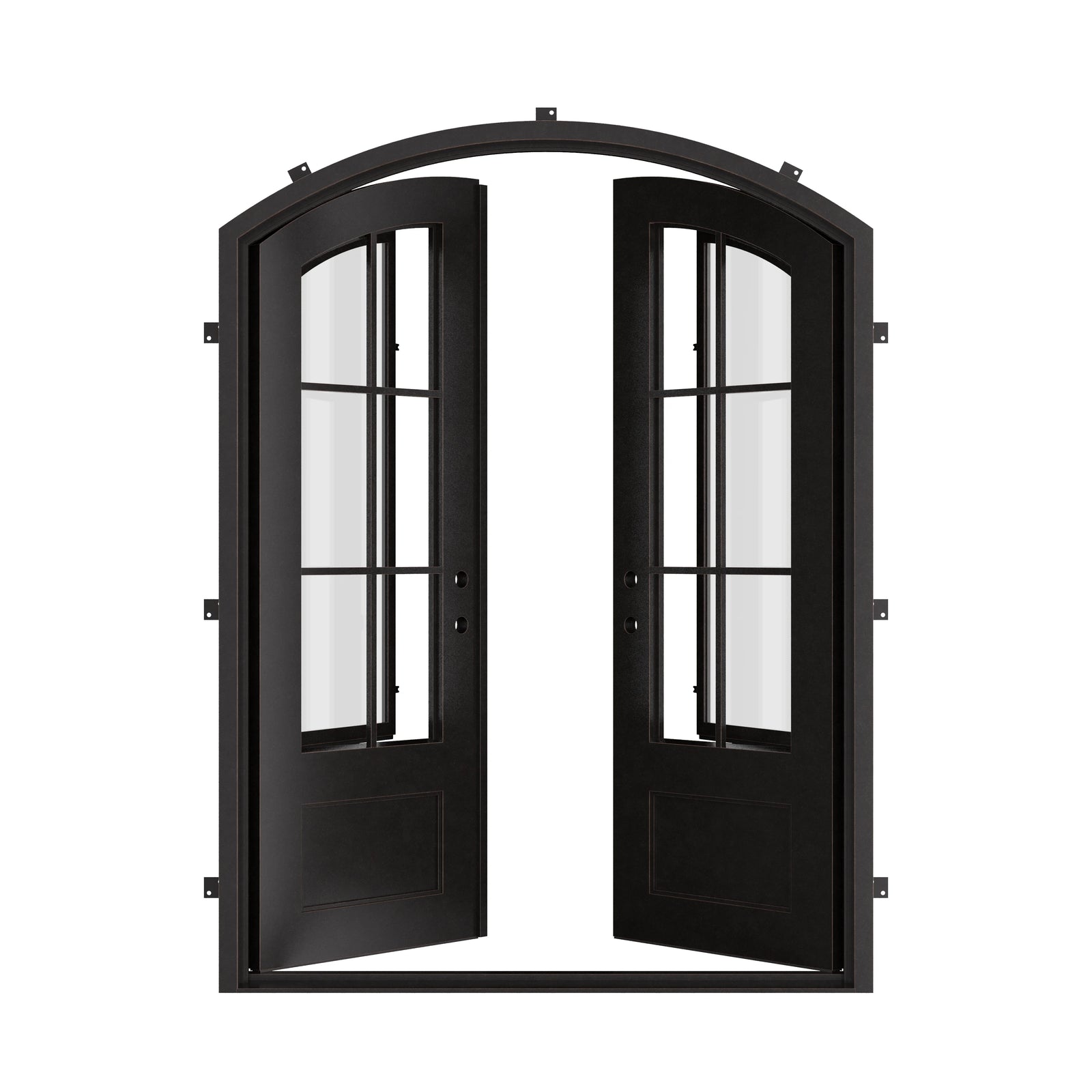 Bristol iron entry door with arched style and glass windows in bronze hue.