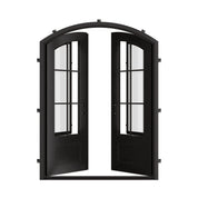Bristol iron entry door with arched style and glass windows in bronze hue.