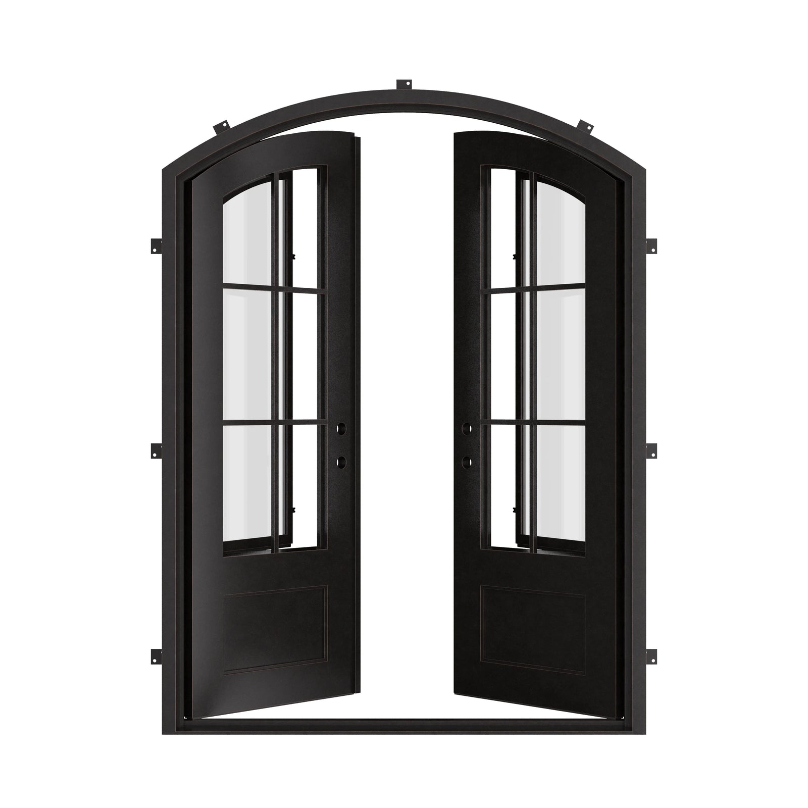 Bristol black colored metal arched top double door with thermal barrier and glass.