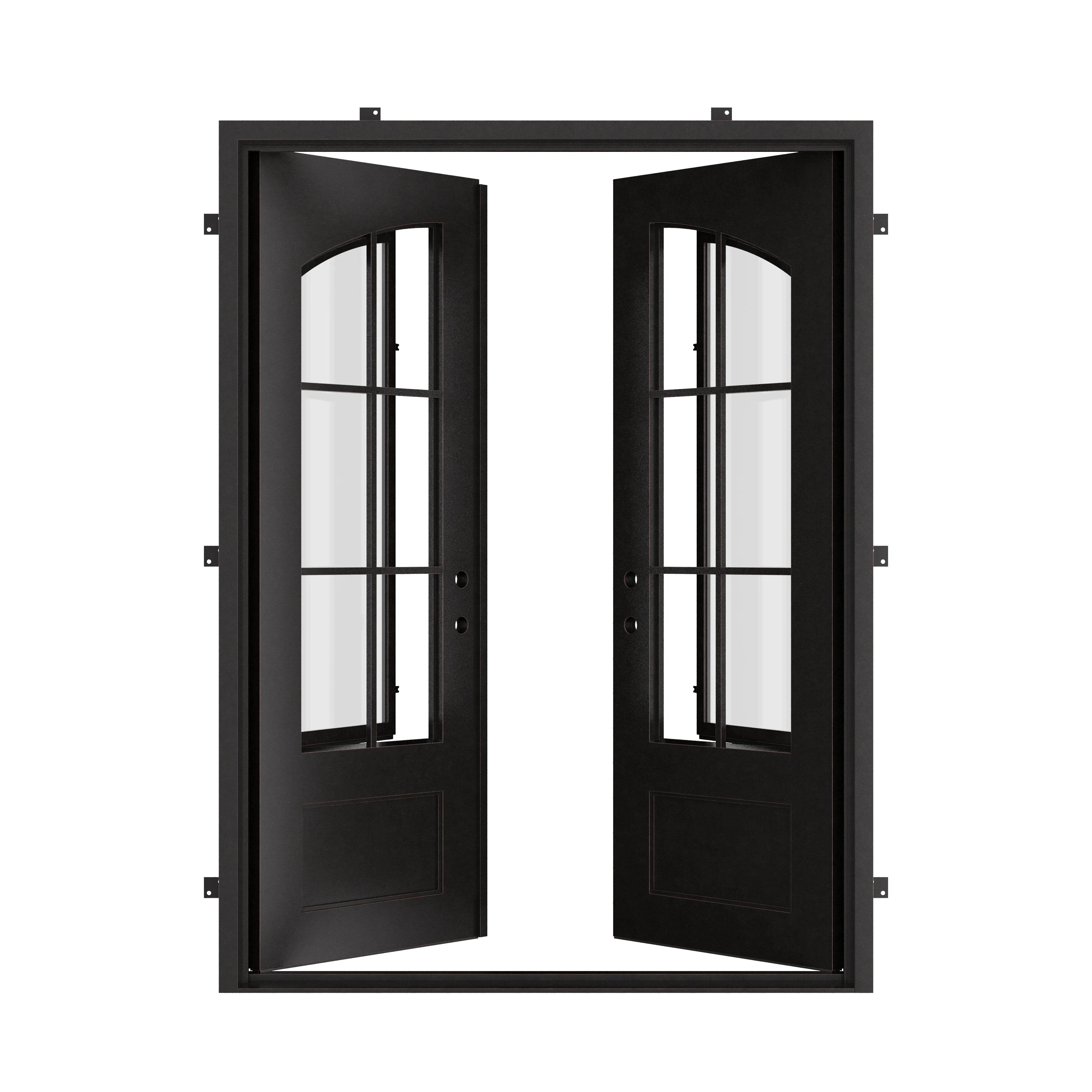 Bristol black iron double door with flat top and dual-pane glass.