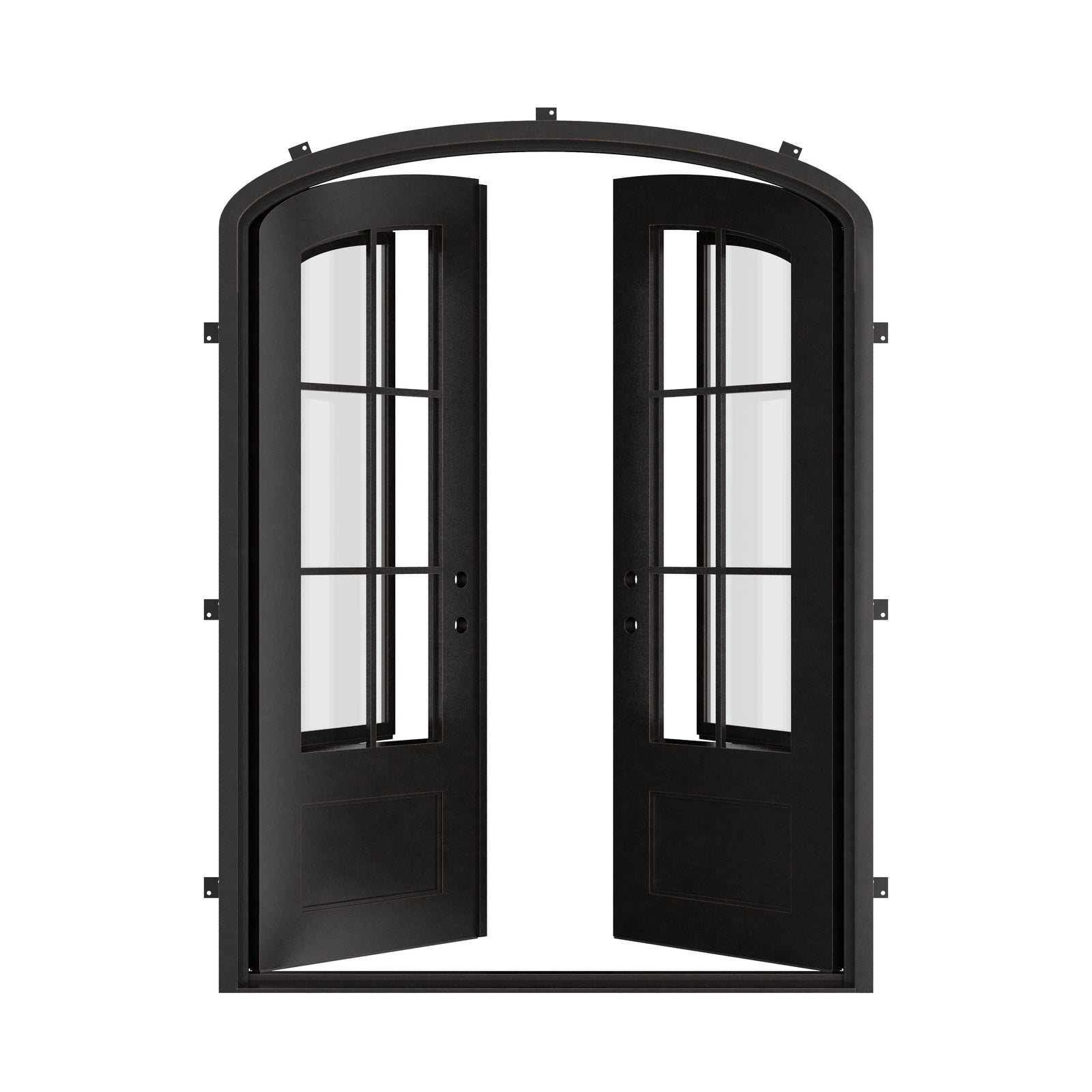 Bristol arched entry door in bronze finish with efficient glass.