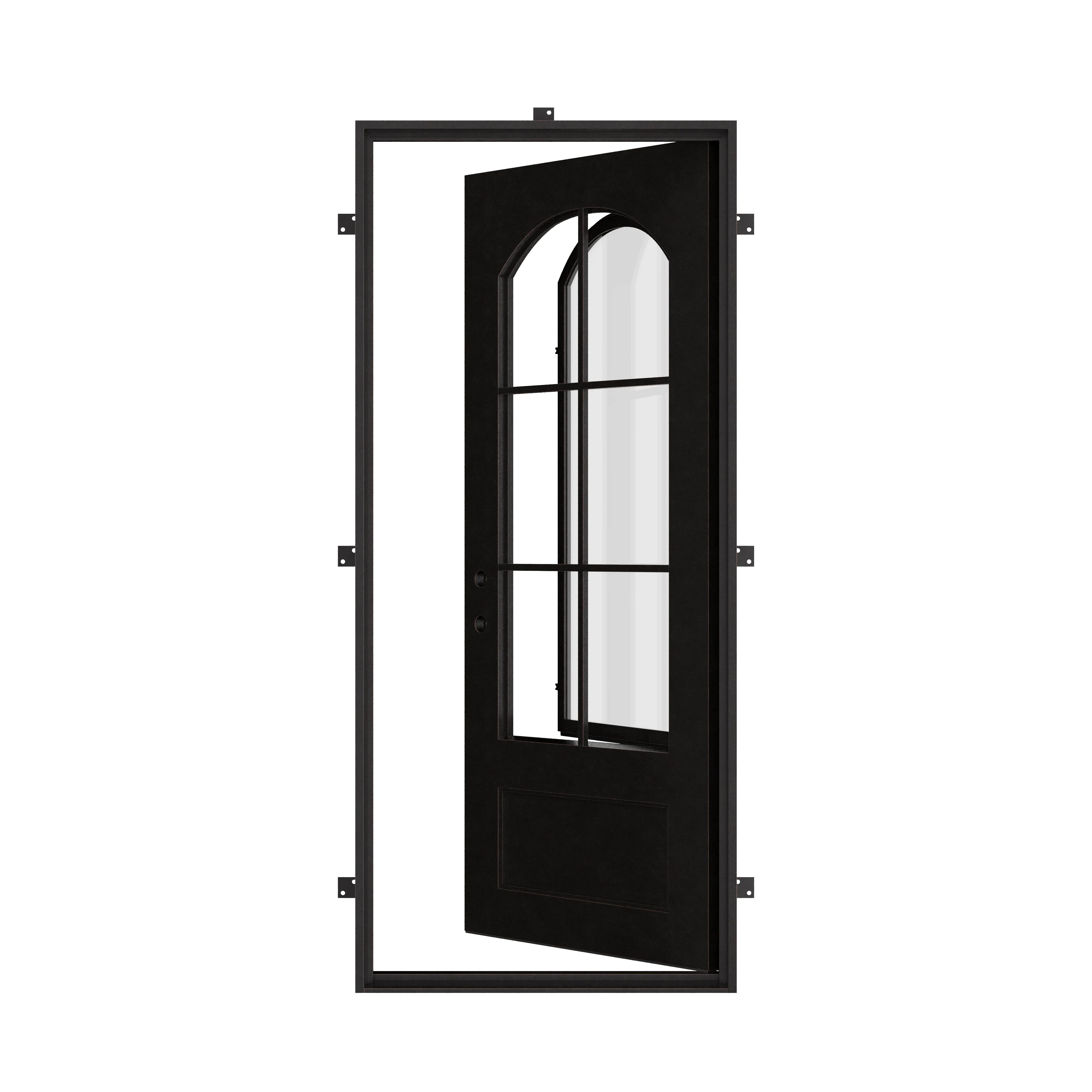 Bristol Single flat top door with simple scrollwork and dual-pane glass.