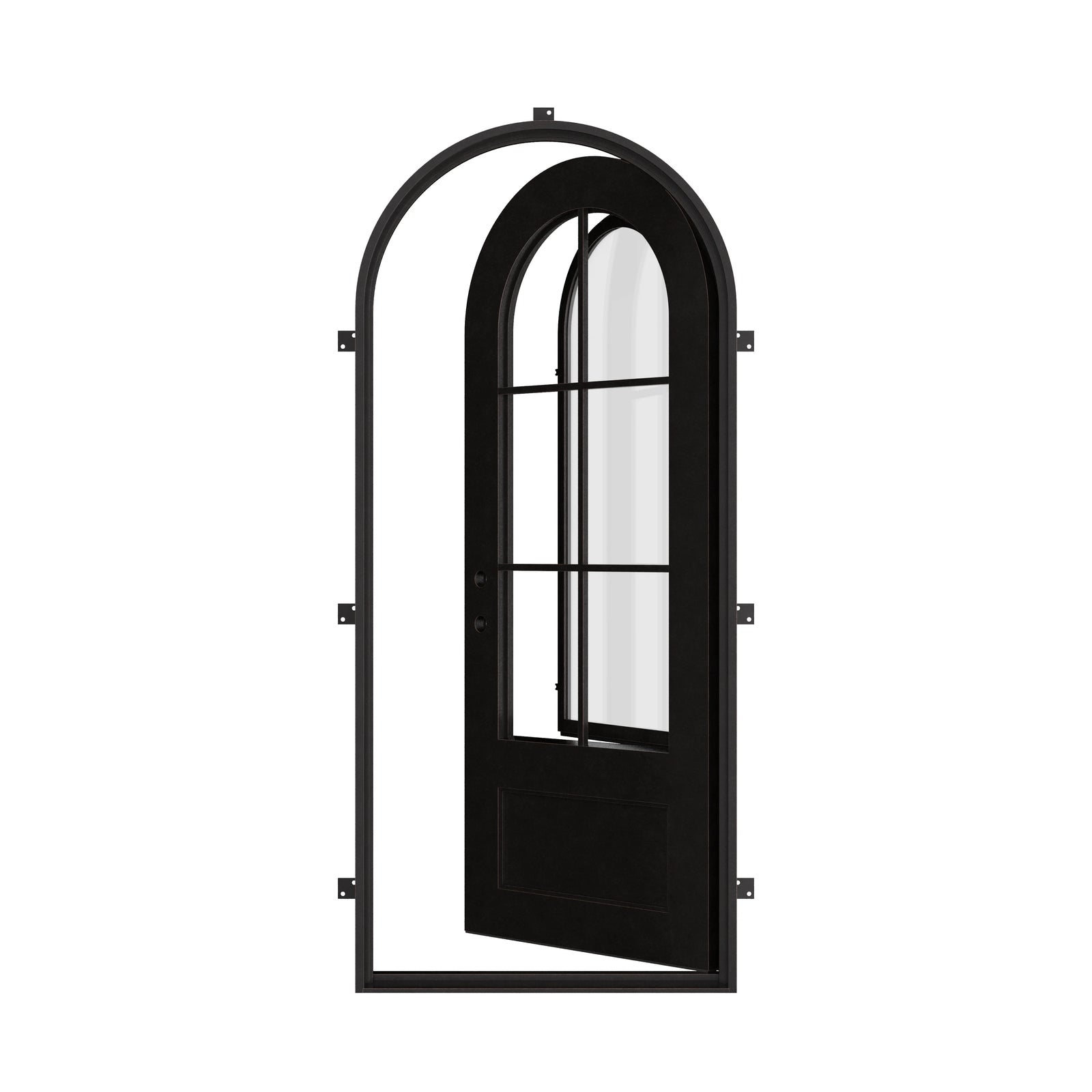 Bristol single radius top entry door with simple metalwork and dual-pane glass.