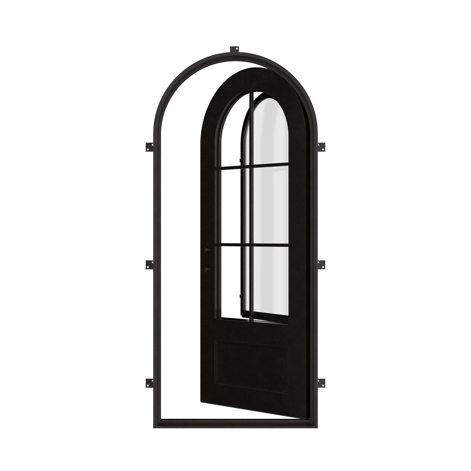 Bristol single full arch top front door with thick dual-pane glass in black color.