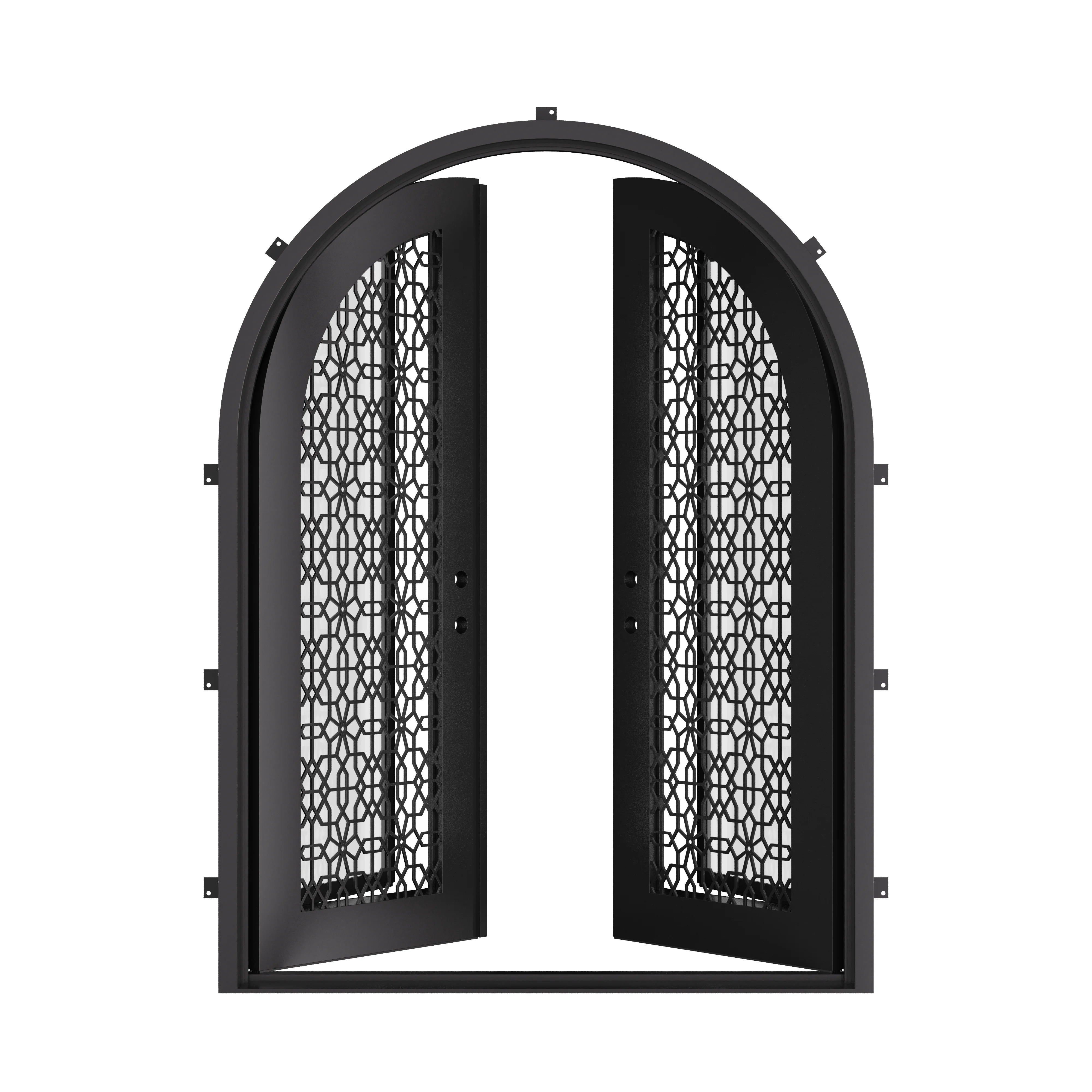 DNA’ Door double round top french entry door with ornate scrollwork and glass.
