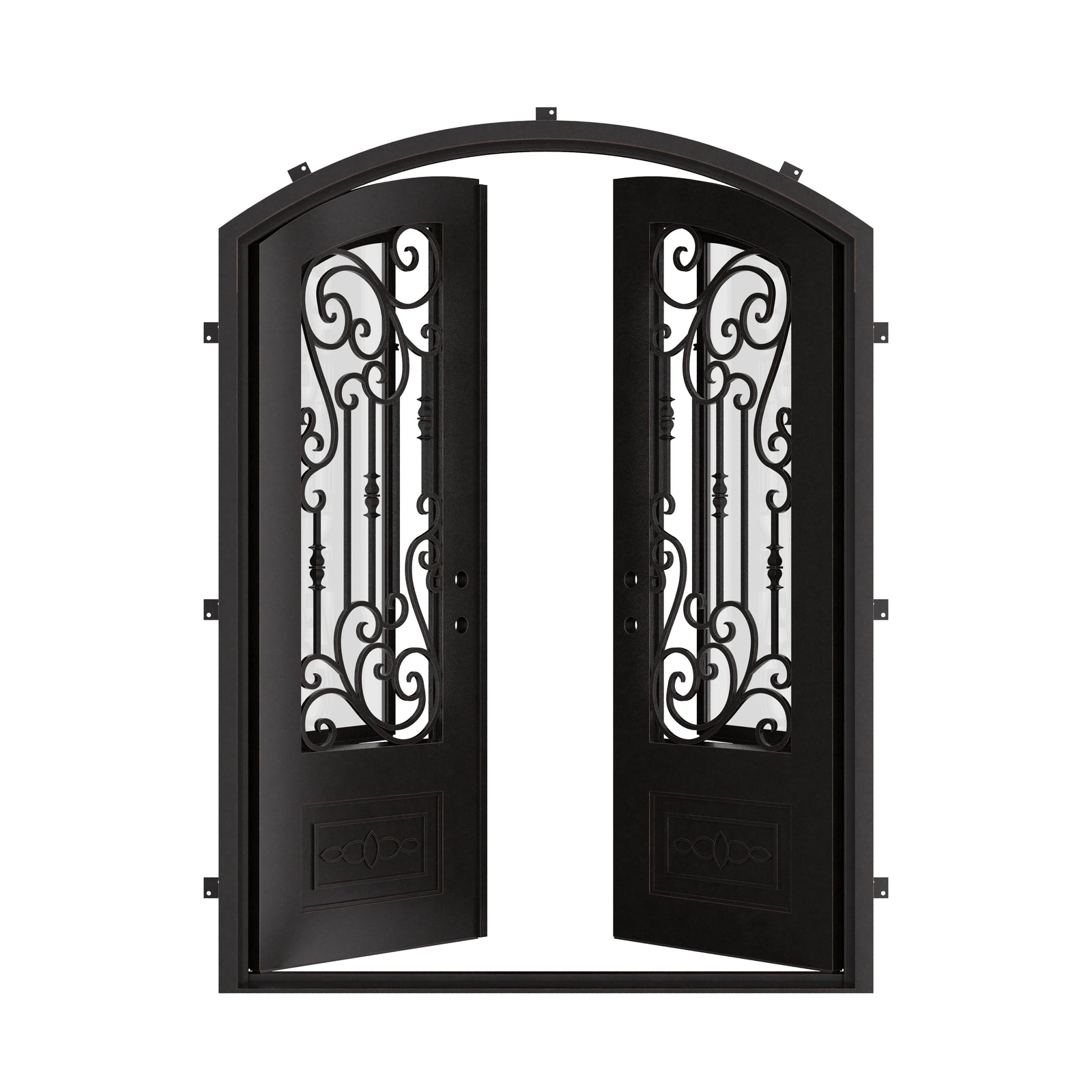 Golden Gate arched top iron entry door with glass in bronze finish.