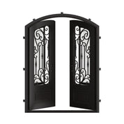 Golden Gate arched top iron entry door with glass in bronze finish.
