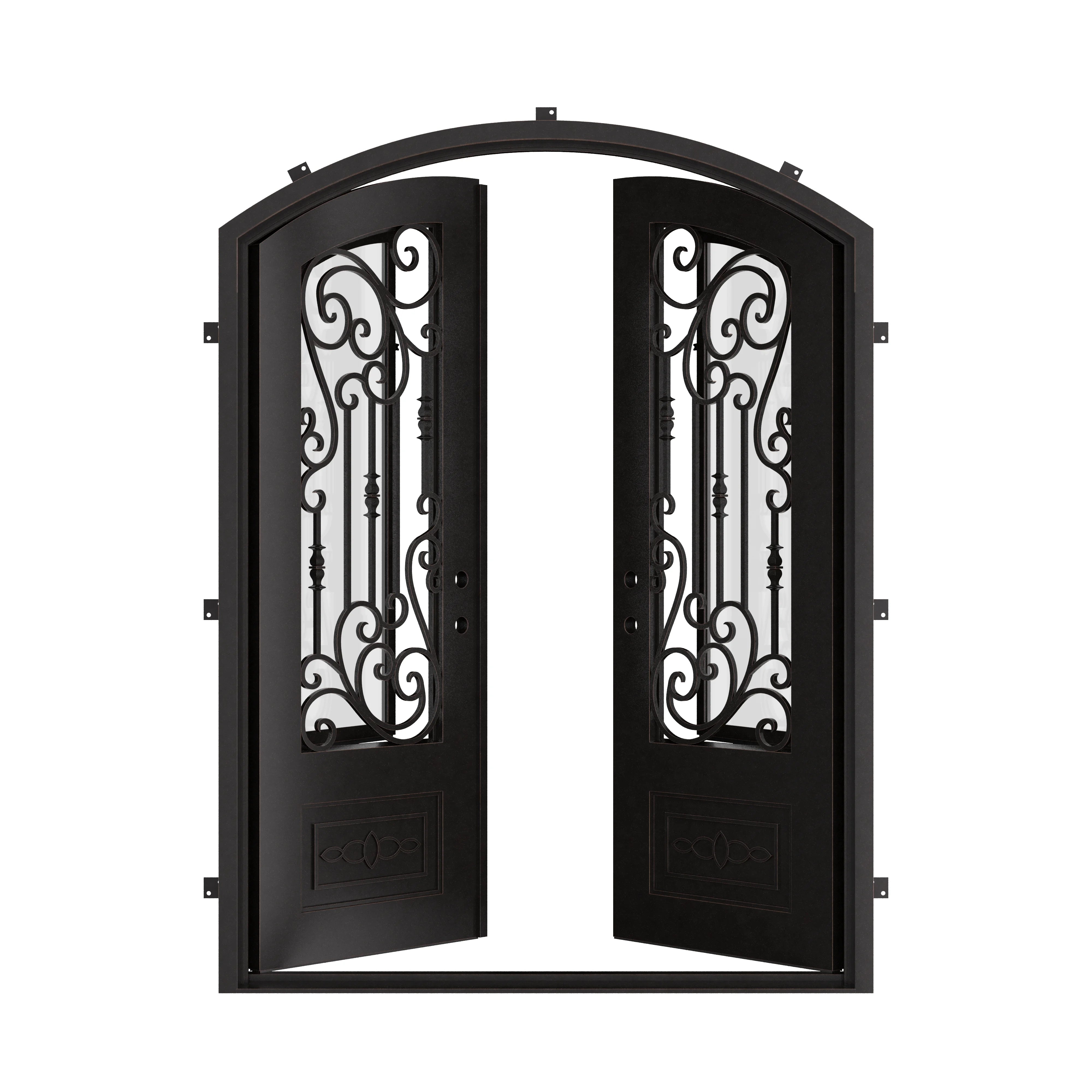 Golden Gate arched top iron entry door with glass in bronze finish.