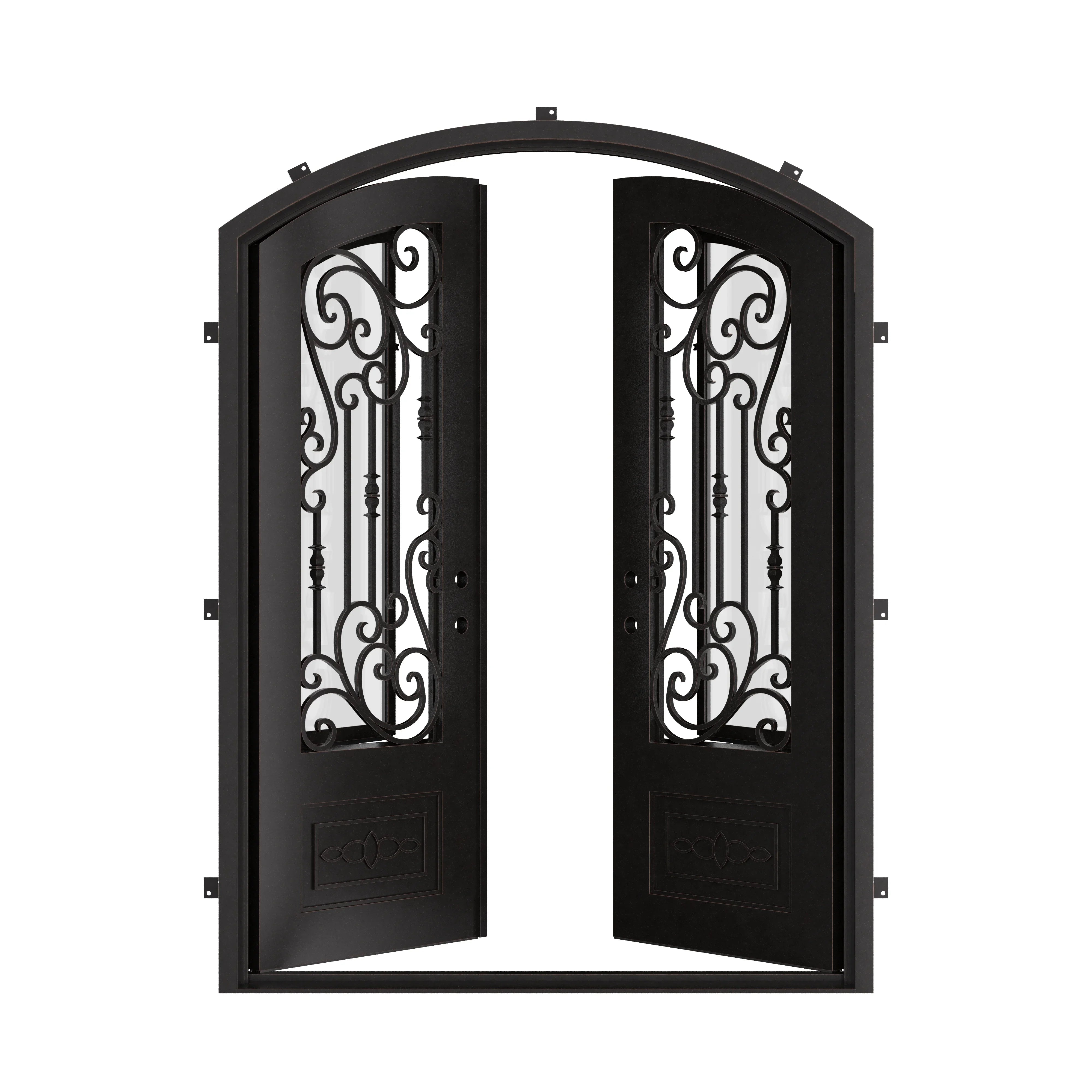 Golden Gate black colored arched top double door in bronze with glass and thermal barrier.