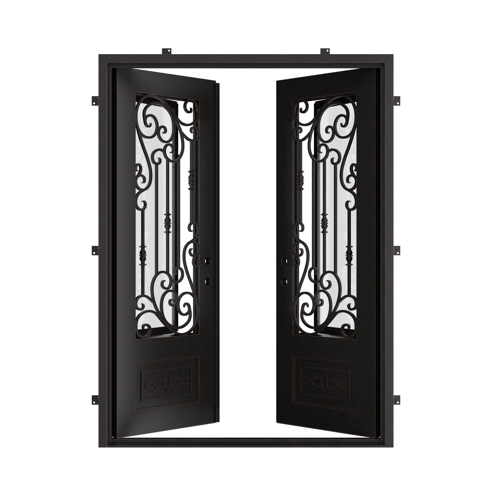 Golden Gate black exterior wrought iron double square top patio door.