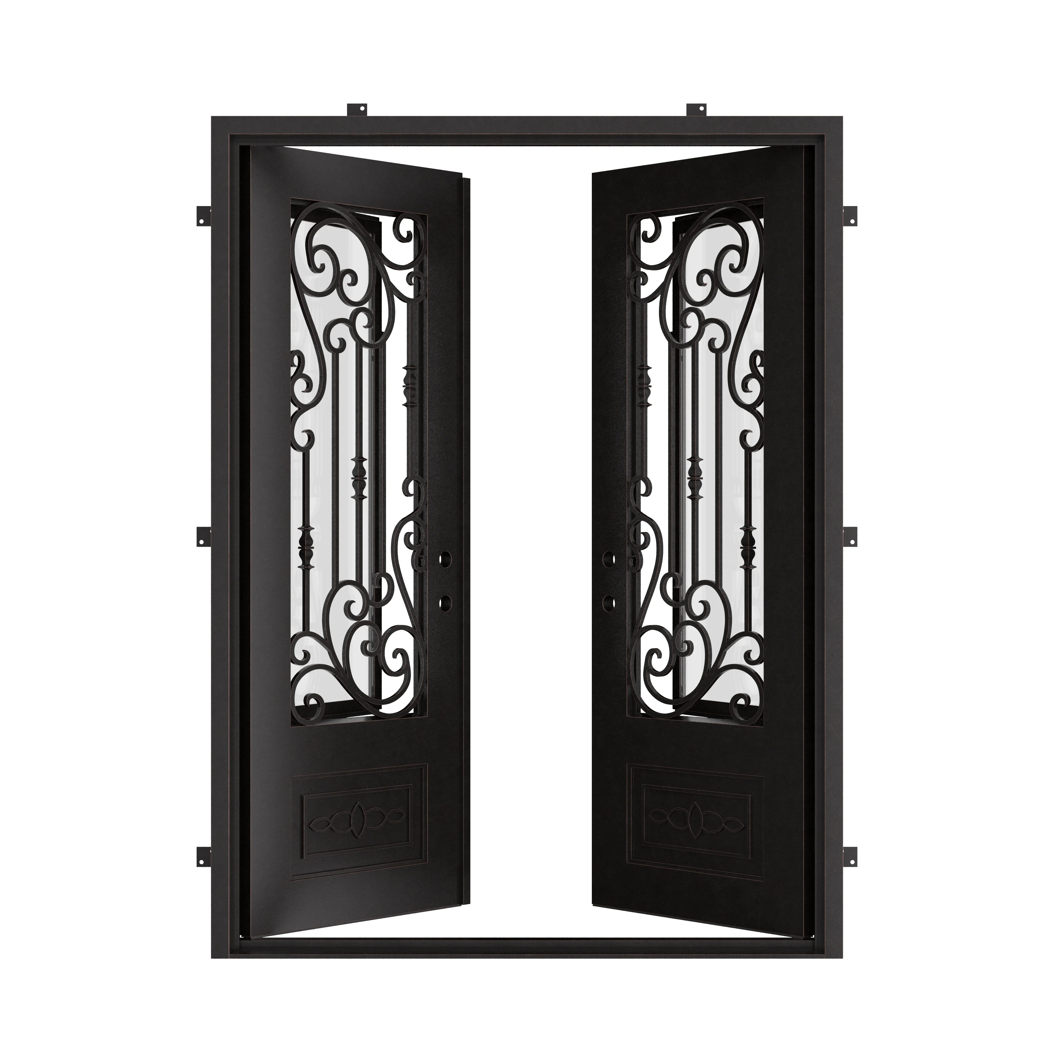 Golden Gate black exterior wrought iron double square top patio door.