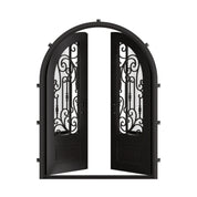 Golden Gate round top double swing door with decorative scrollwork and glass in black.