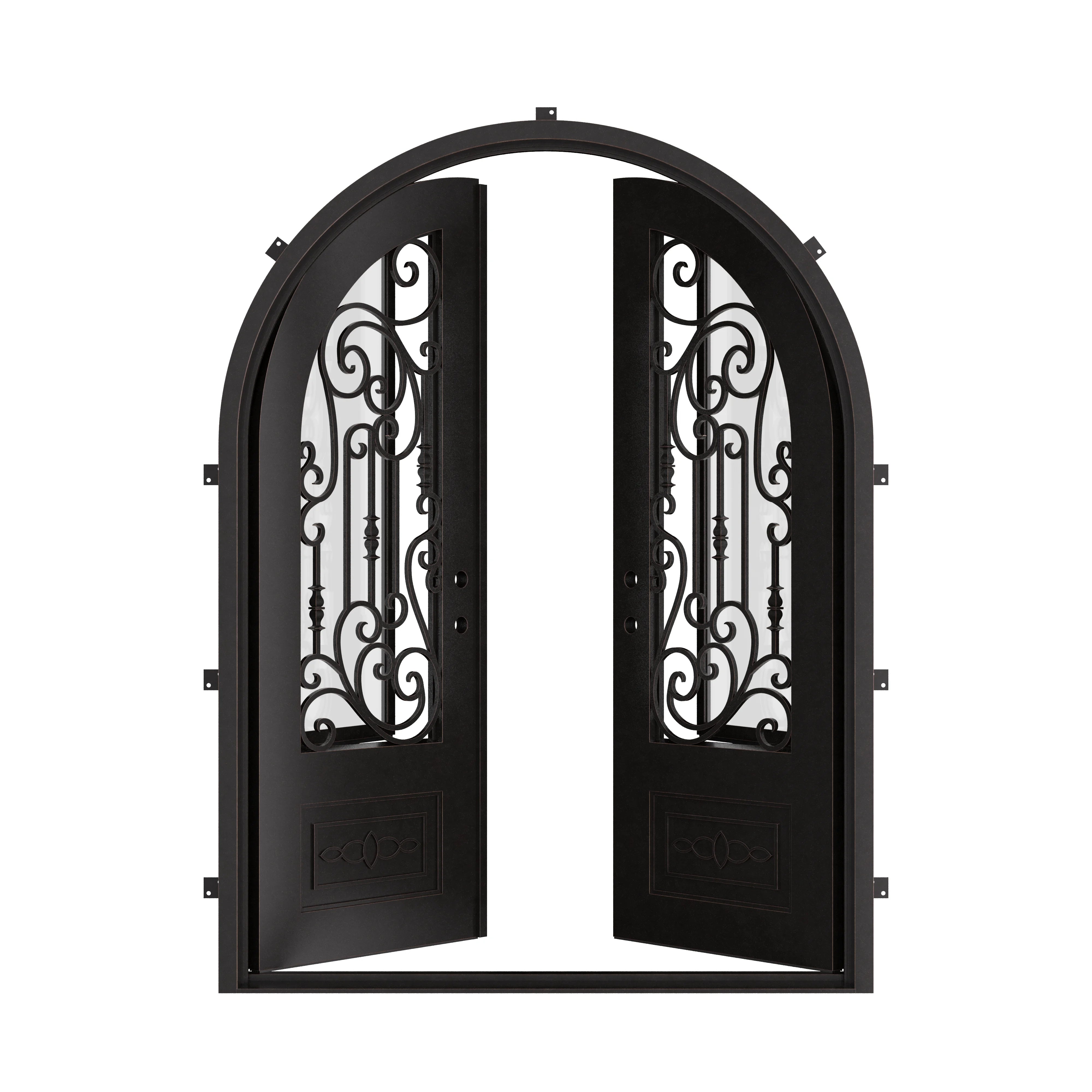 Golden Gate round top double swing door with decorative scrollwork and glass in black.
