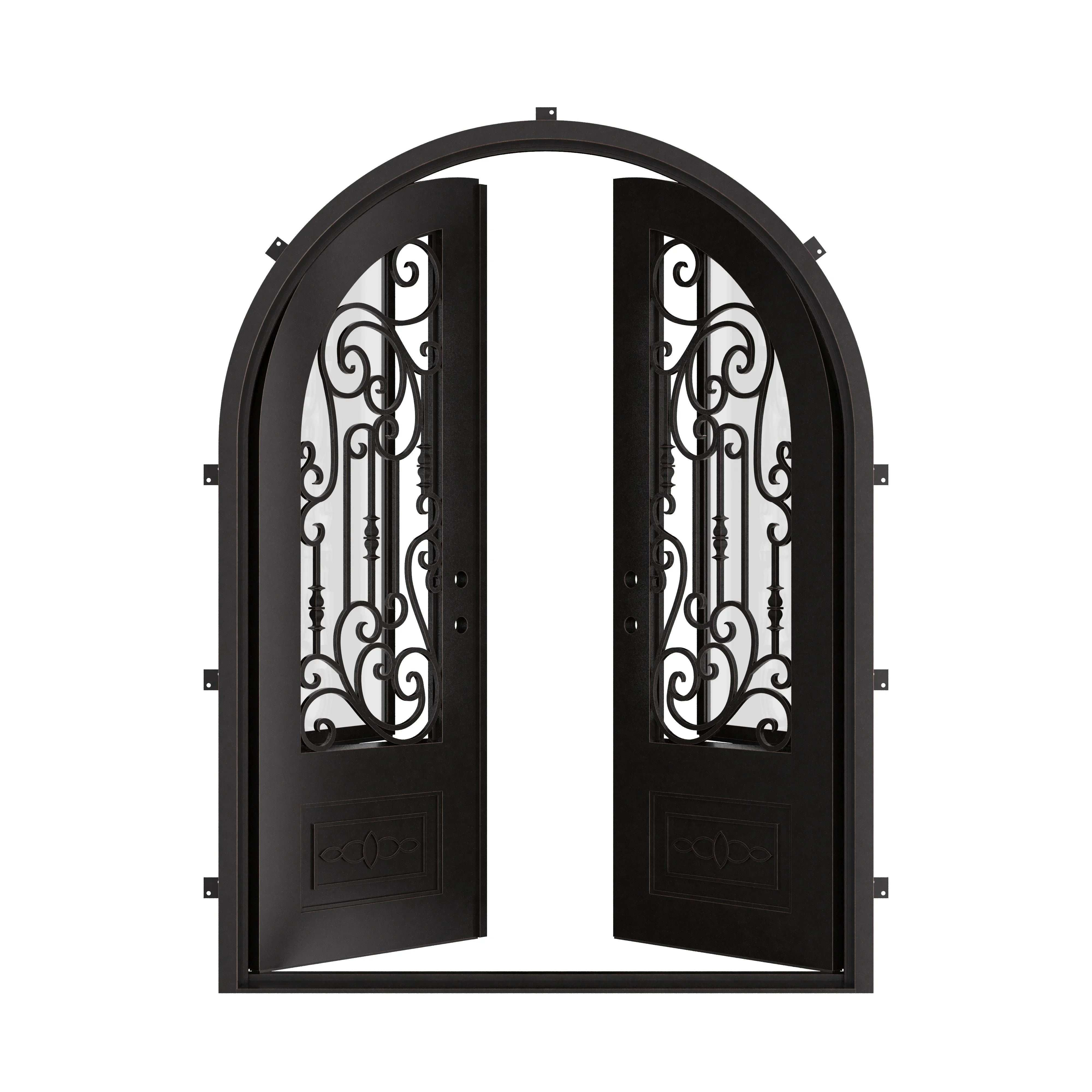 Golden Gate french radius top front door with thick dual-pane glass in black.