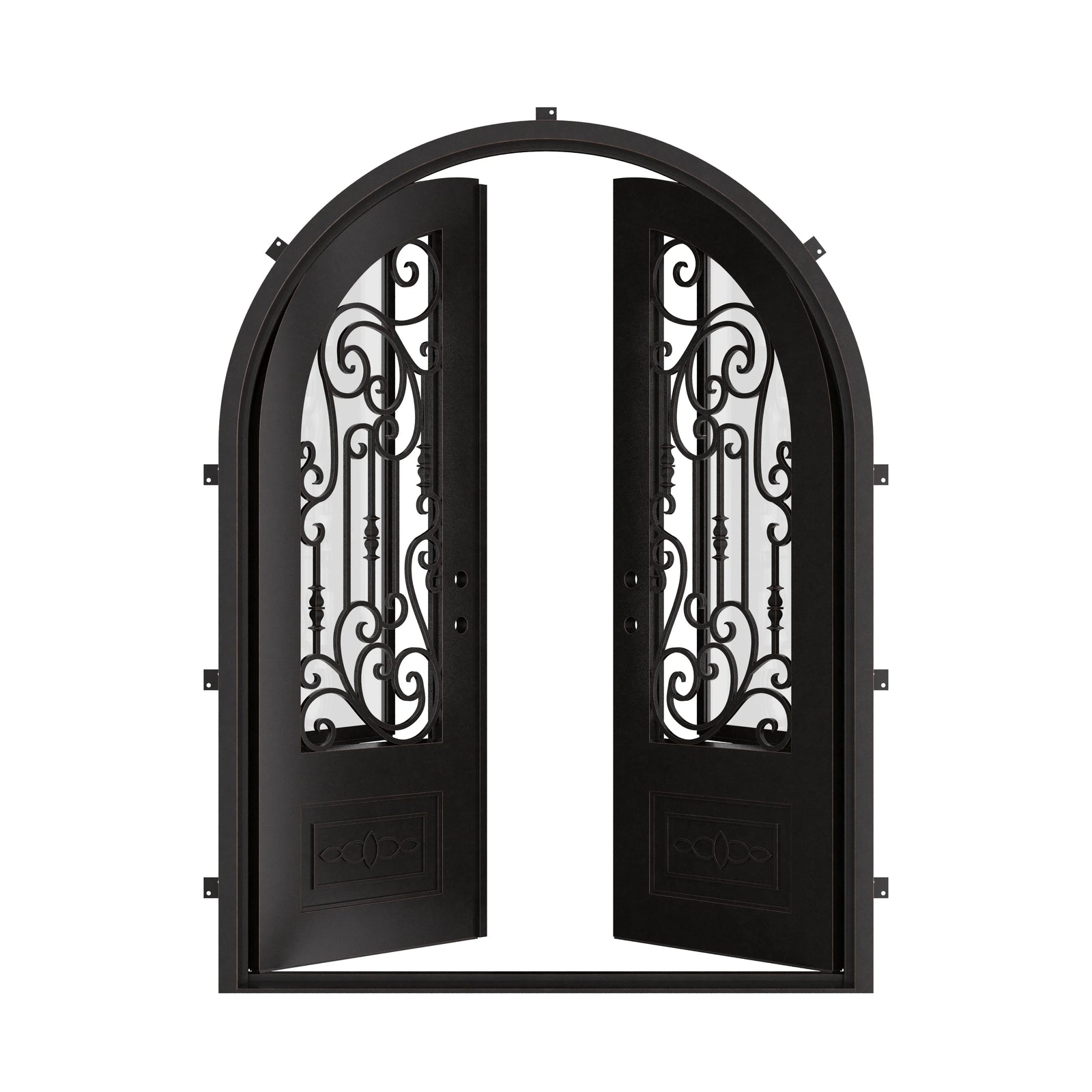 Golden Gate round top iron double entry door with thermal barrier.