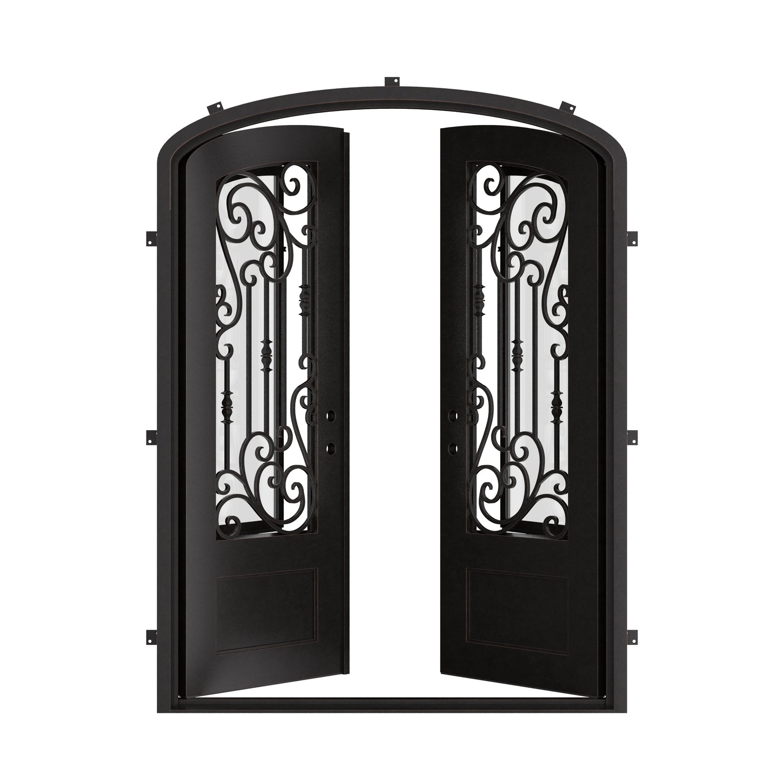 Golden Gate arched entry double door in bronze tone with efficient glass.