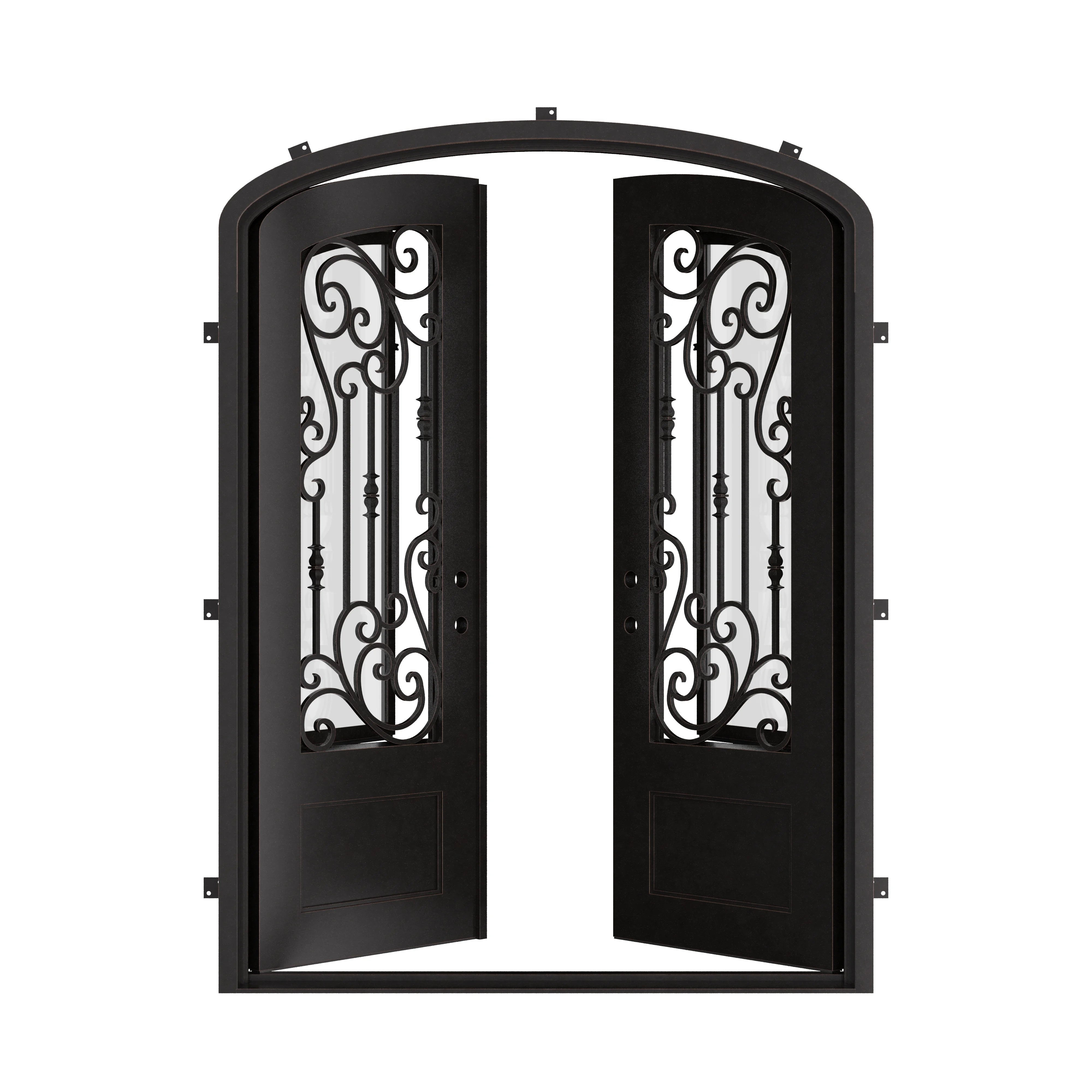 Golden Gate arched entry double door in bronze tone with efficient glass.