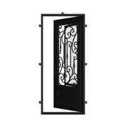 Golden Gate Black cold rolled metal exterior single flat top door with glass panel.