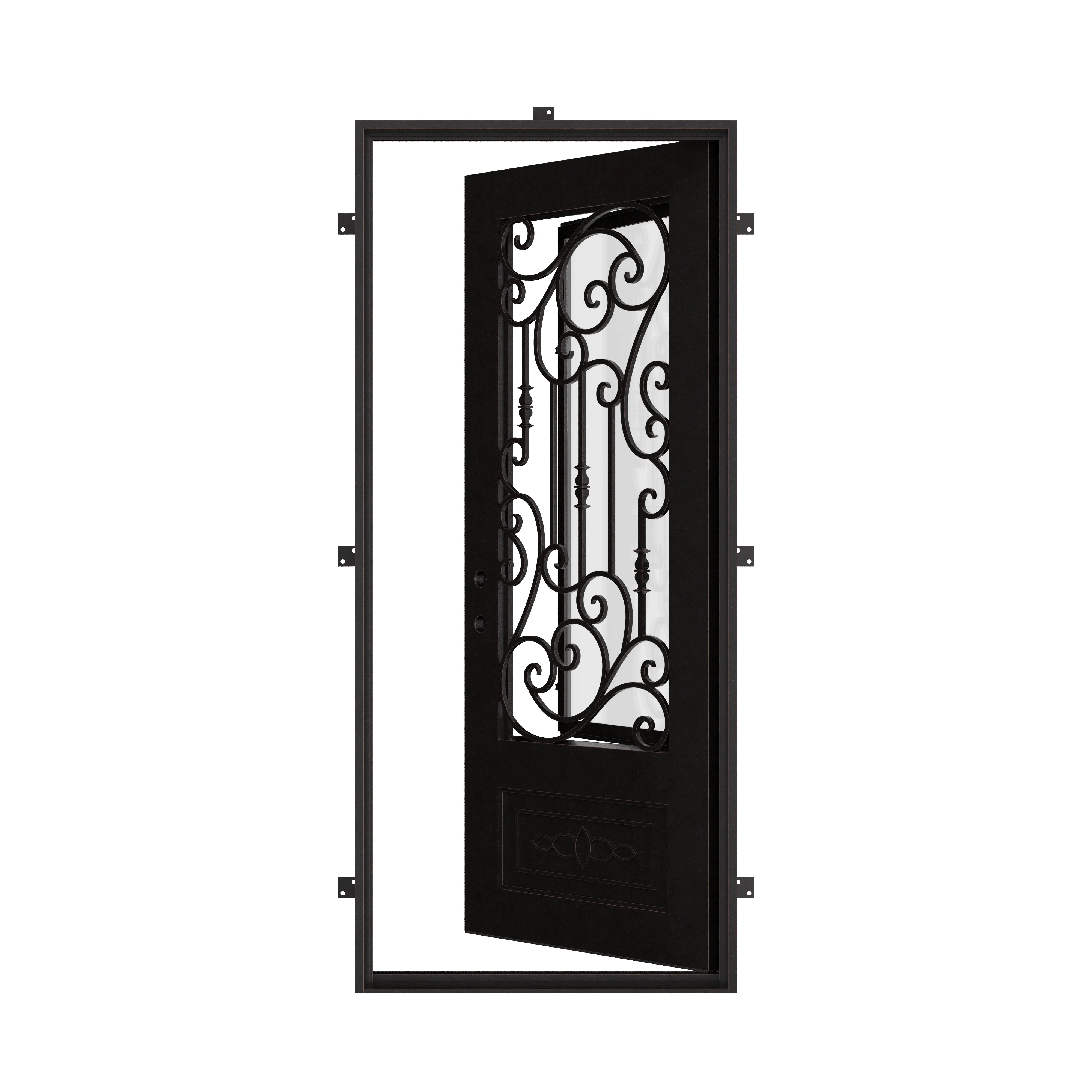 Golden Gate Black cold rolled metal exterior single flat top door with glass panel.