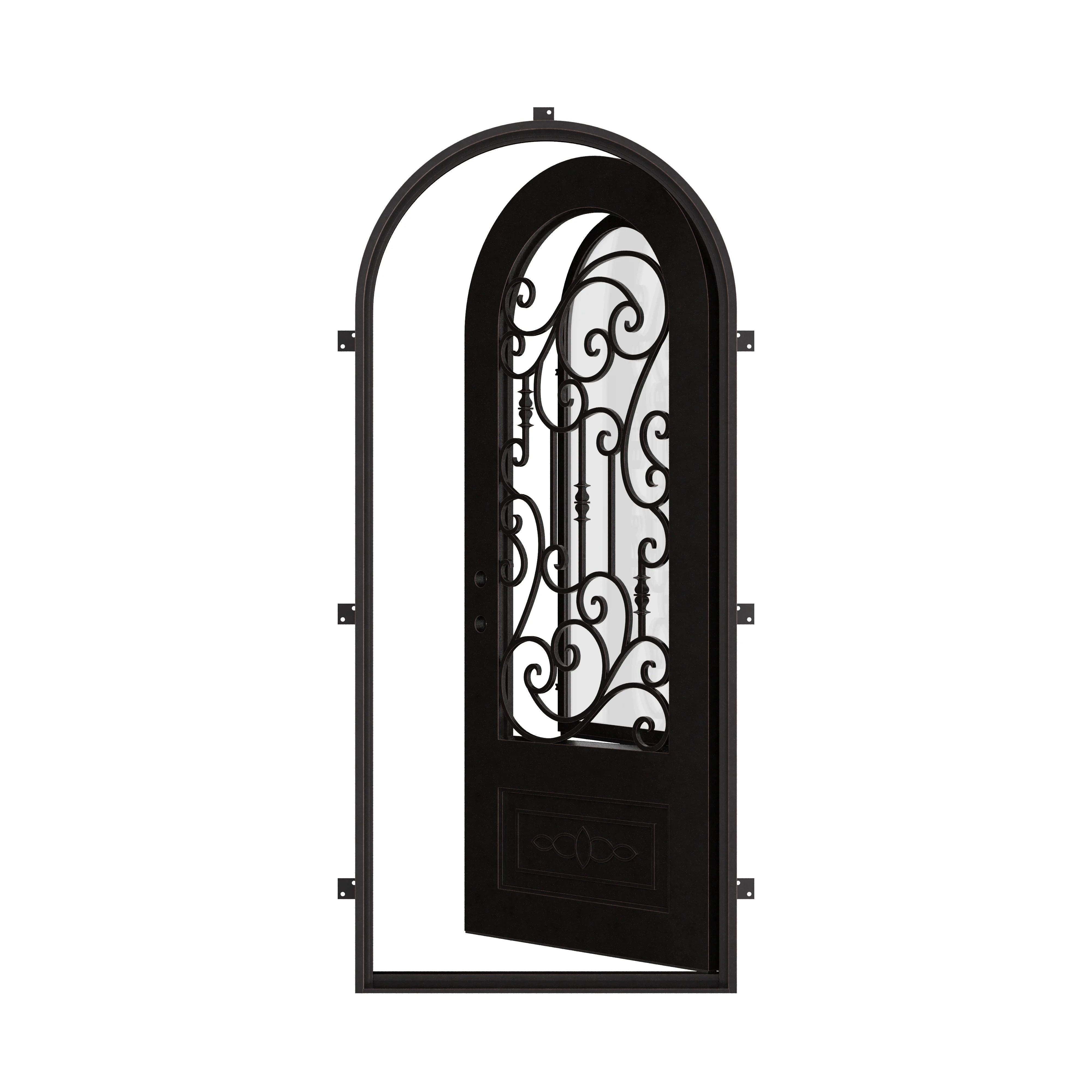 Golden Gate bronze color exterior metal single full arch door with energy efficient glass.