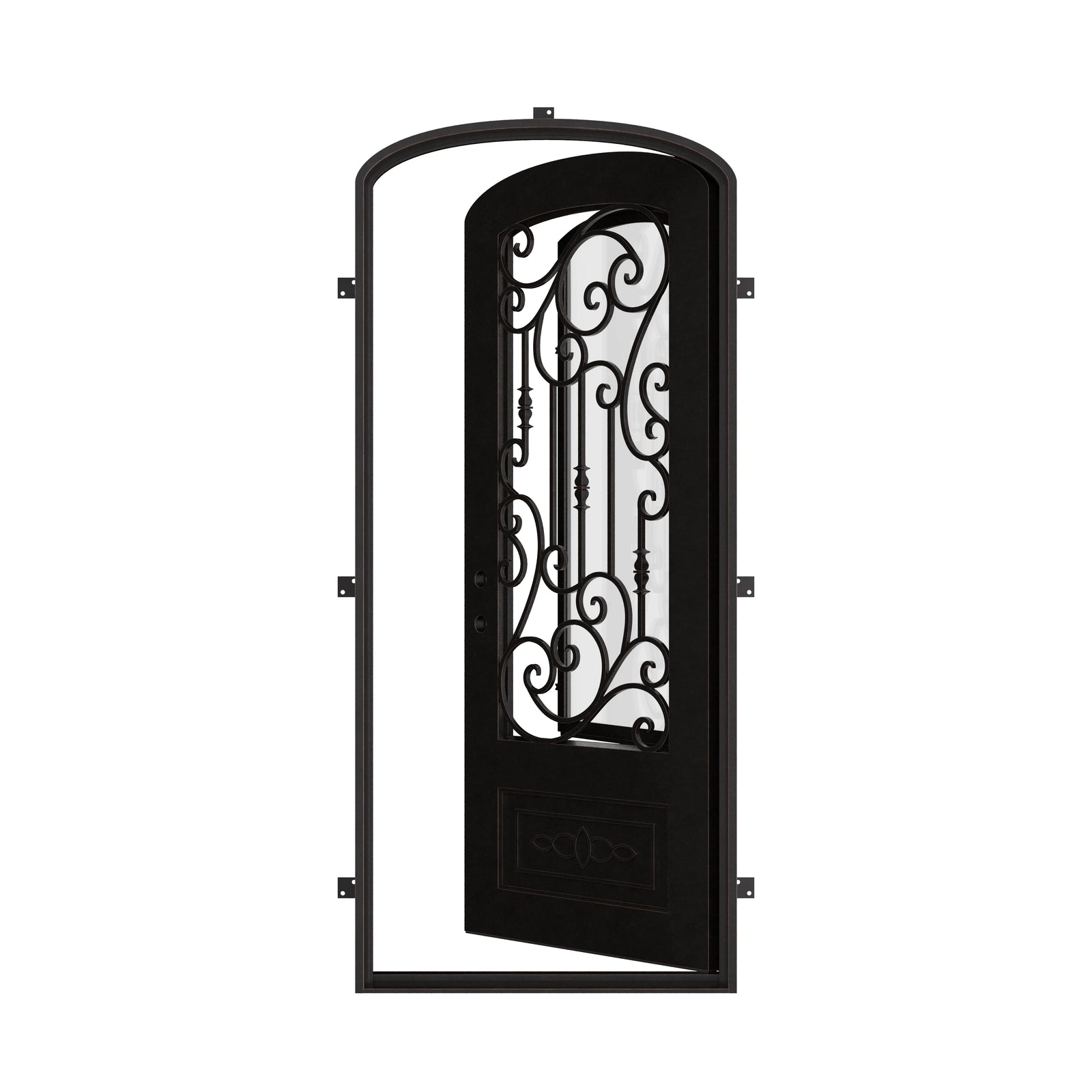 Golden Gate single mini arch top iron swing door with ornate scrollwork and glass.