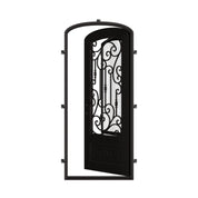 Golden Gate single mini arch top iron swing door with ornate scrollwork and glass.