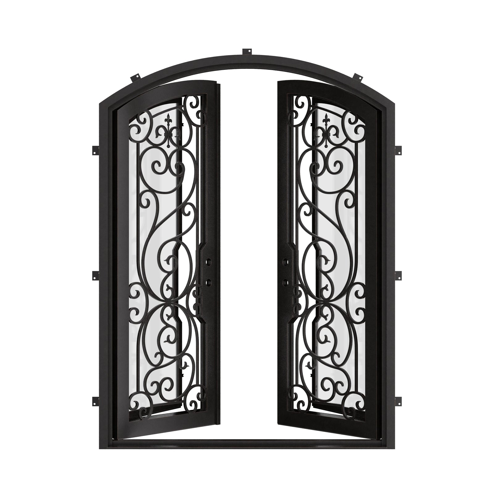 Hills arched top metal entry door in black with thermal barrier and glass.