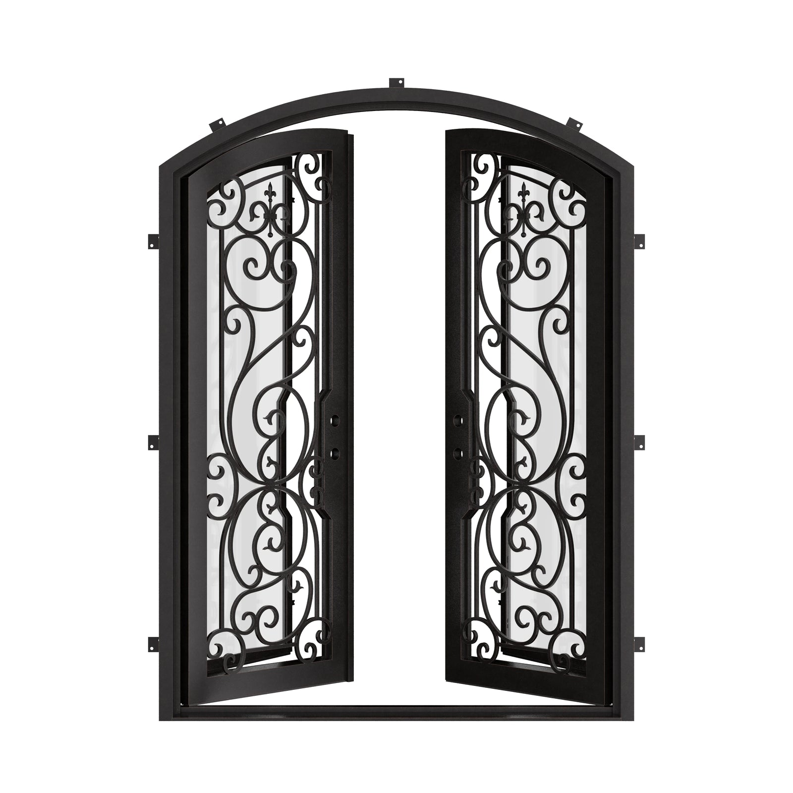 Hills iron entry door in bronze shade with clear glass and arched entry.
