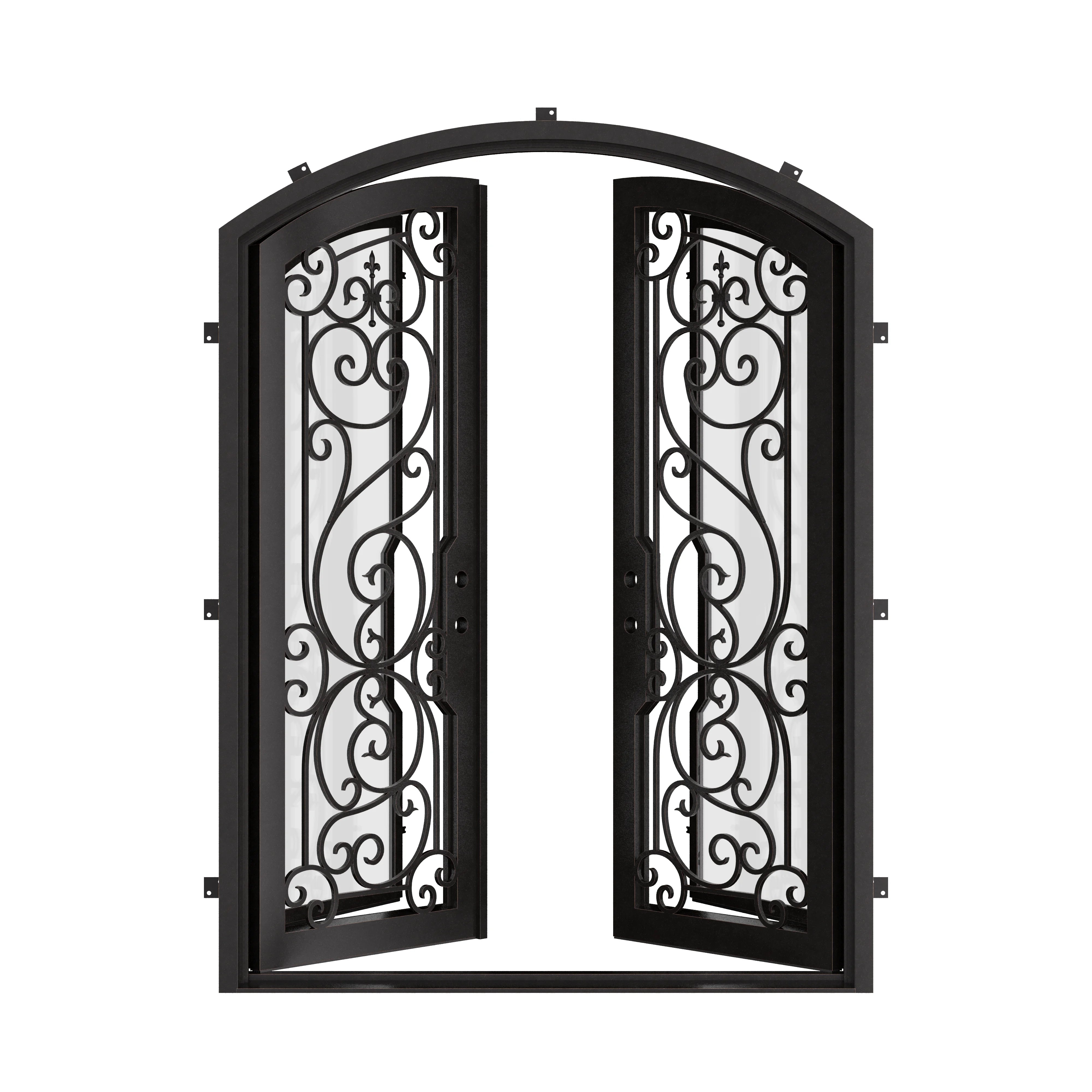 Hills iron entry door in bronze shade with clear glass and arched entry.