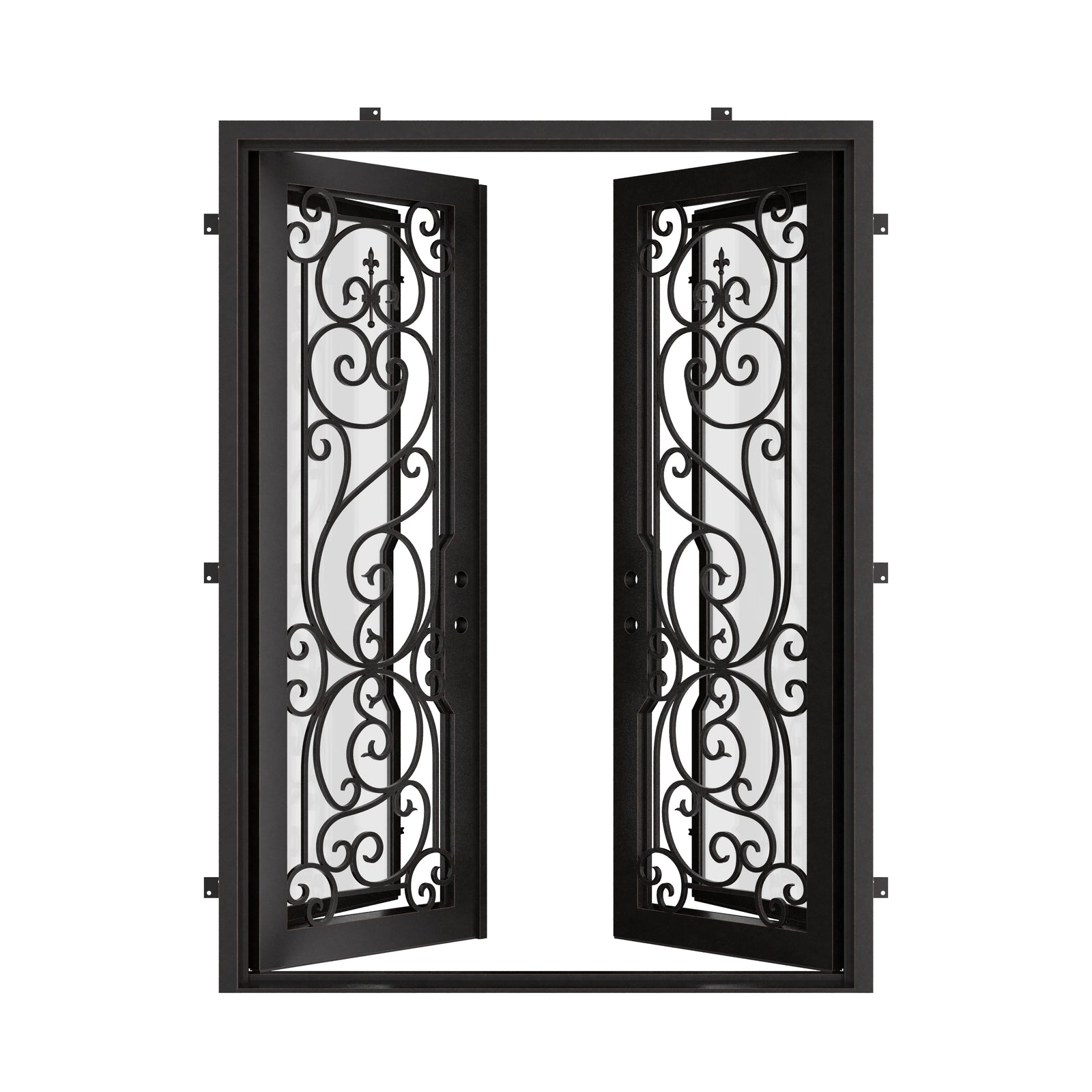 Hills bronze color wrought iron double flat top french door.