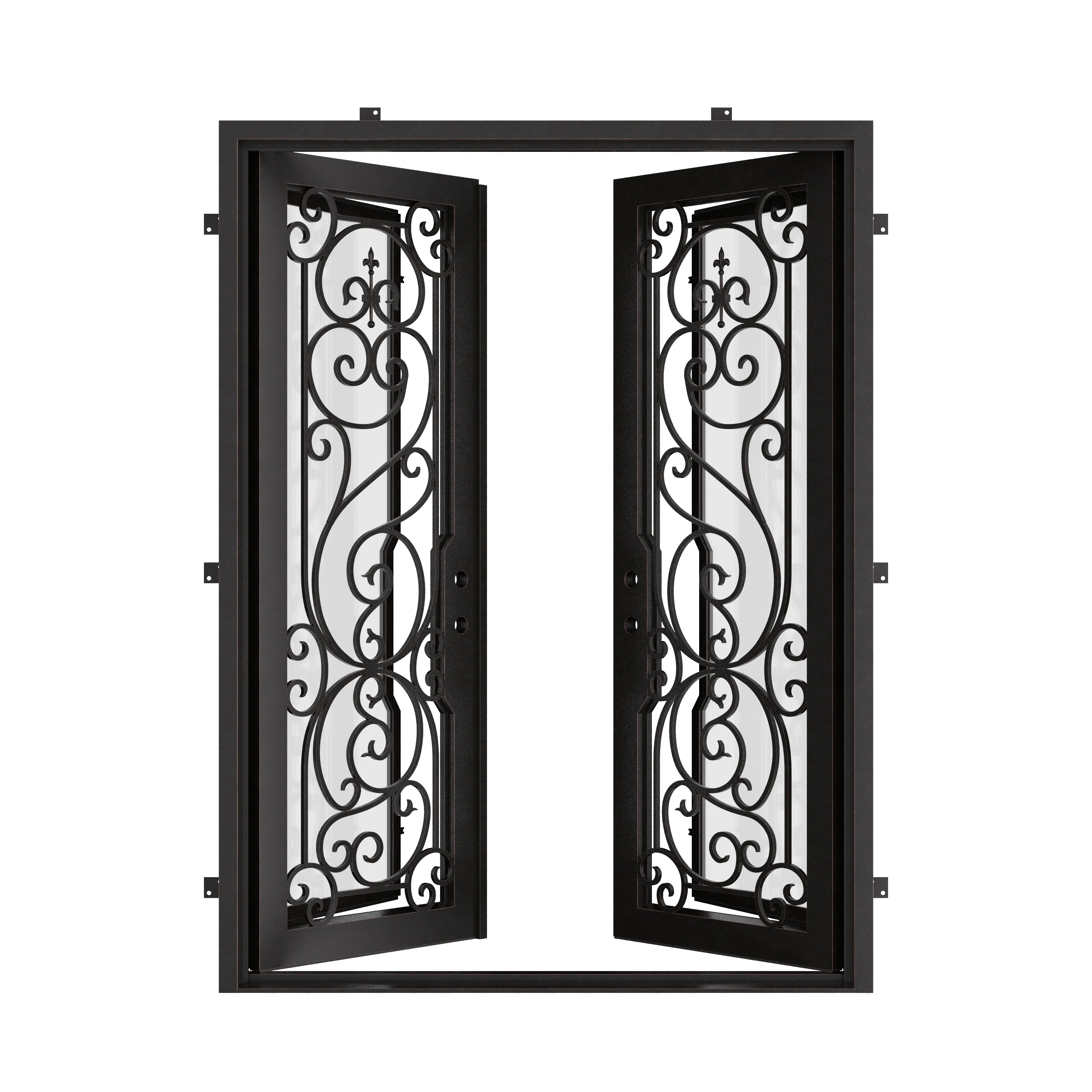 Hills black iron double door with square top and tempered glass.