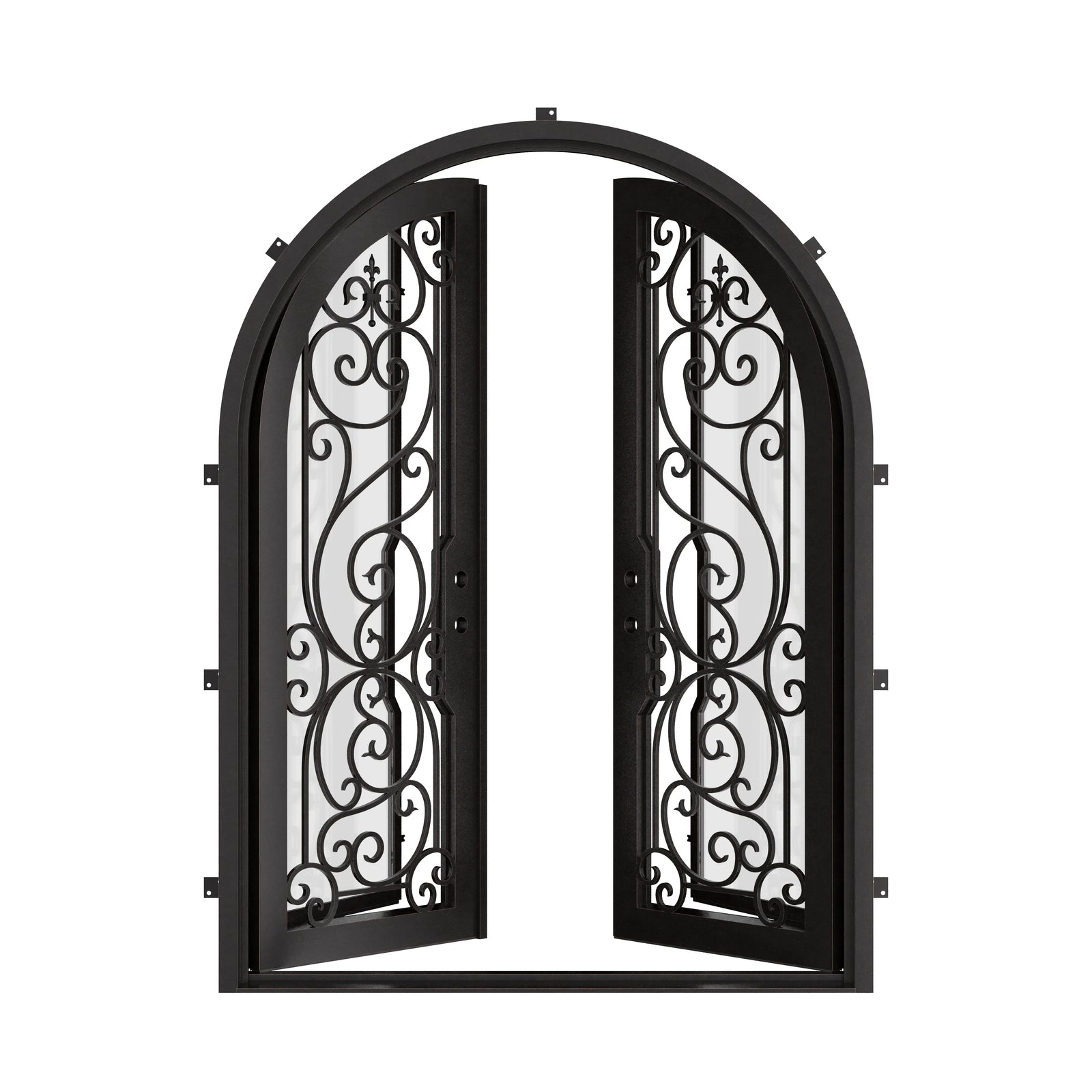 Hills full arch top double swing door with hand forged metalwork and glass.