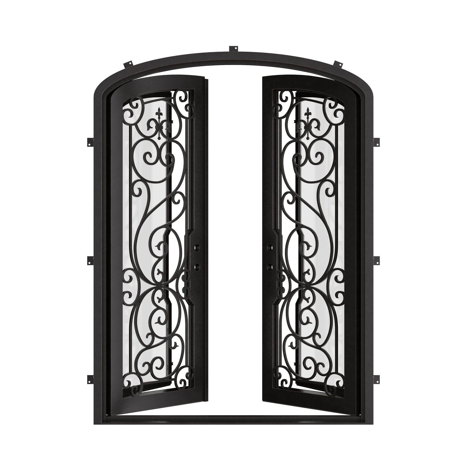 Hills bronze color arched iron door with efficient glass.