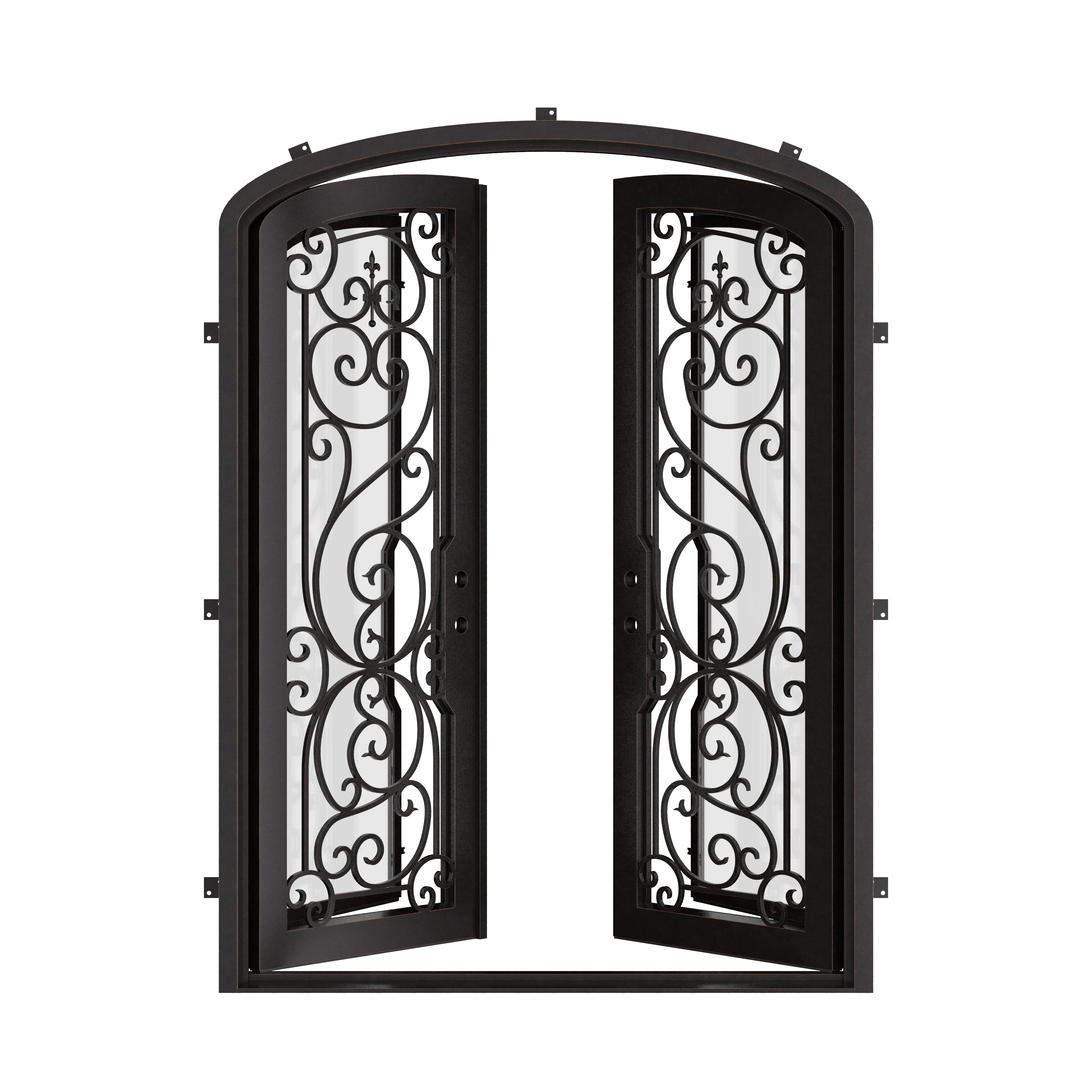 Hills bronze color arched iron door with efficient glass.