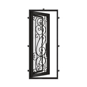 Hills Black exterior wrought iron flat top single hinged door with glass panel.