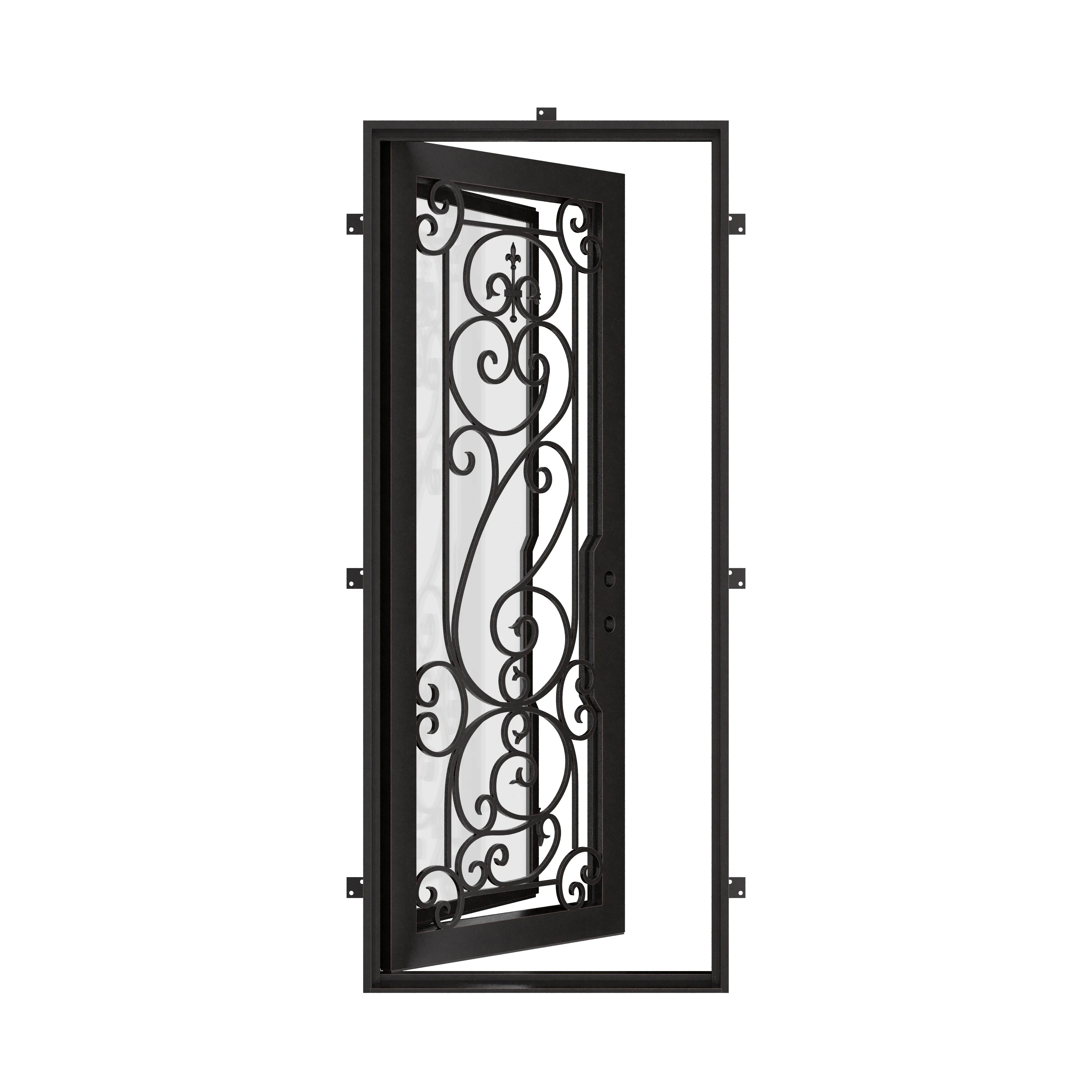 Hills Black exterior wrought iron flat top single hinged door with glass panel.