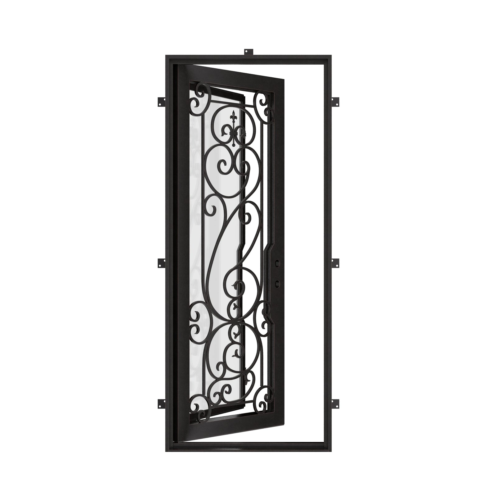 Hills Black flat top single entry door with double-pane glass panels.
