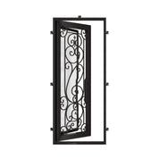Hills Black flat top single entry door with double-pane glass panels.