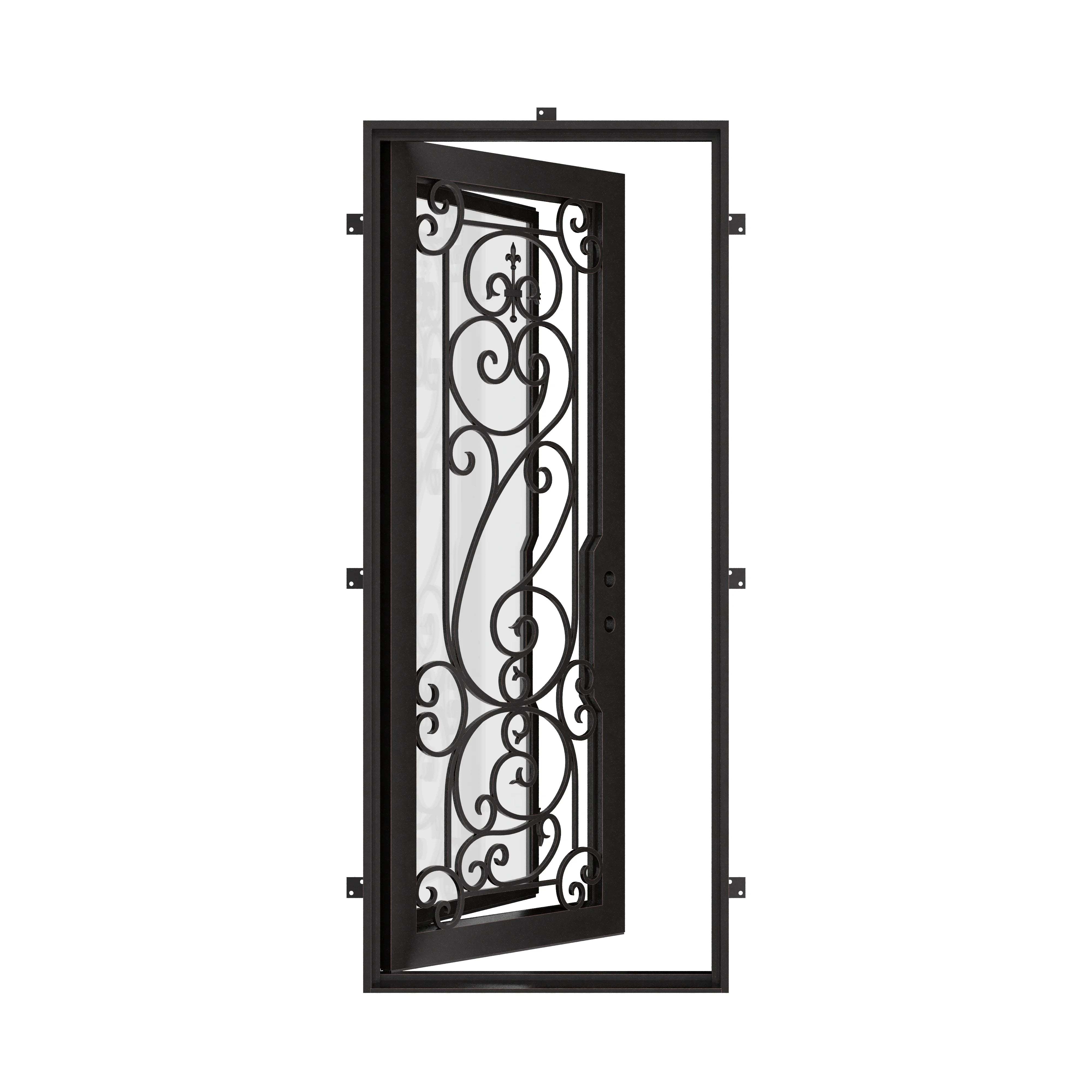 Hills Black flat top single entry door with double-pane glass panels.