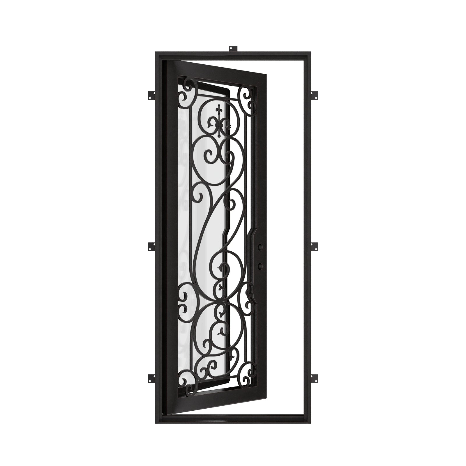 Hills square top single exterior door for cold weather with decorative metalwork.