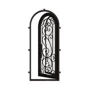 Hills pre-hung black metal single radius top door with double-pane tempered glass.
